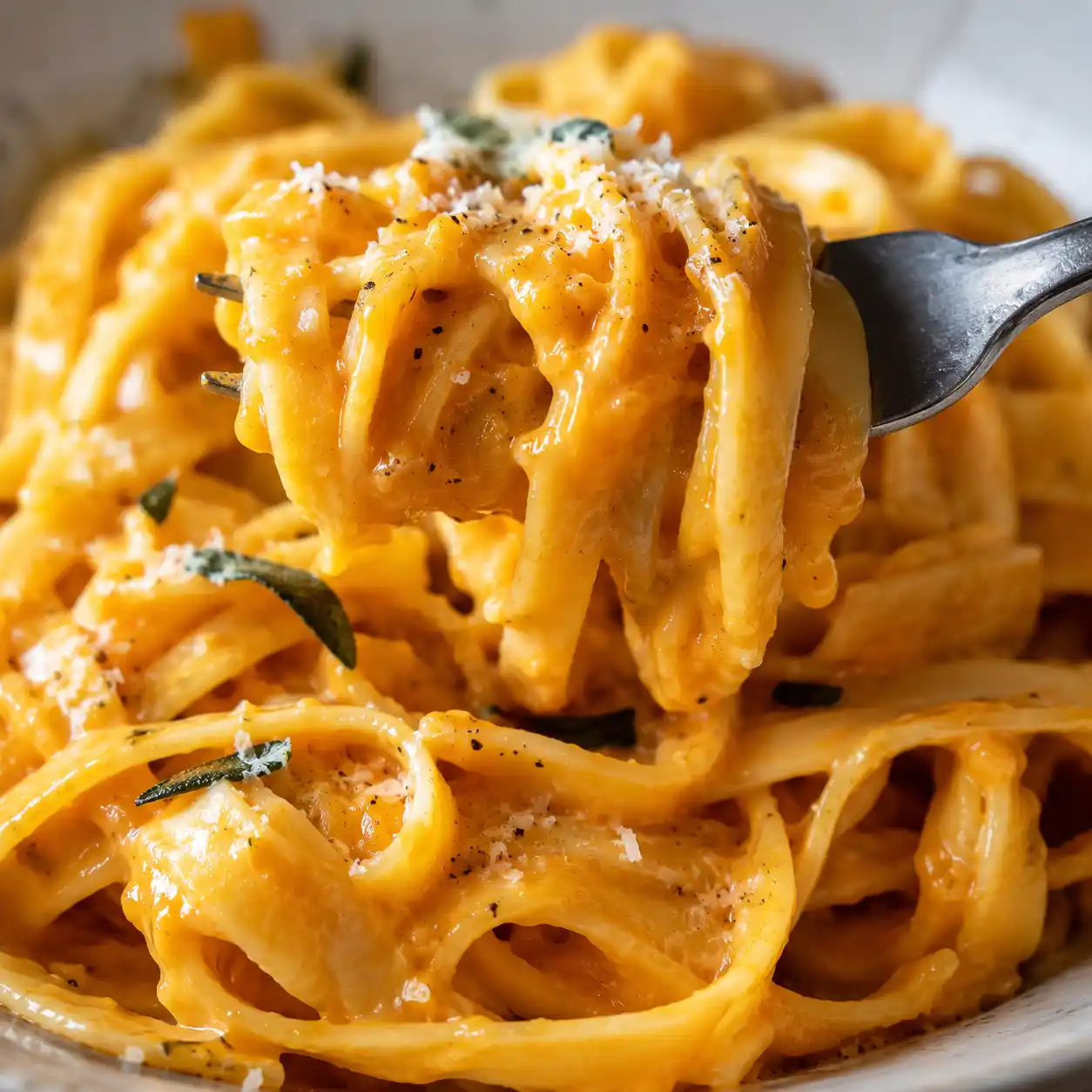 Nahaufnahme von cremiger Kürbis-Pasta mit Frischkäse Parmesan und Hokkaido-Sauce