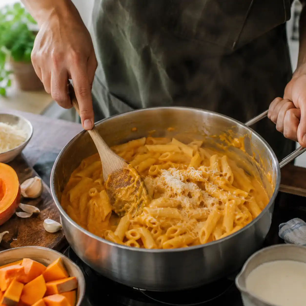 Zubereitung von cremiger Kürbis-Pasta mit weichen Hokkaido-Würfeln und Frischkäse in der Pfanne
