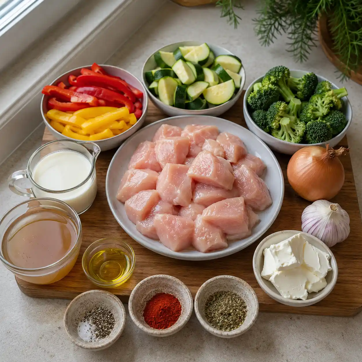 Zutaten für Hähnchen-Gemüse-Pfanne mit Hähnchen, Gemüse und Frischkäse