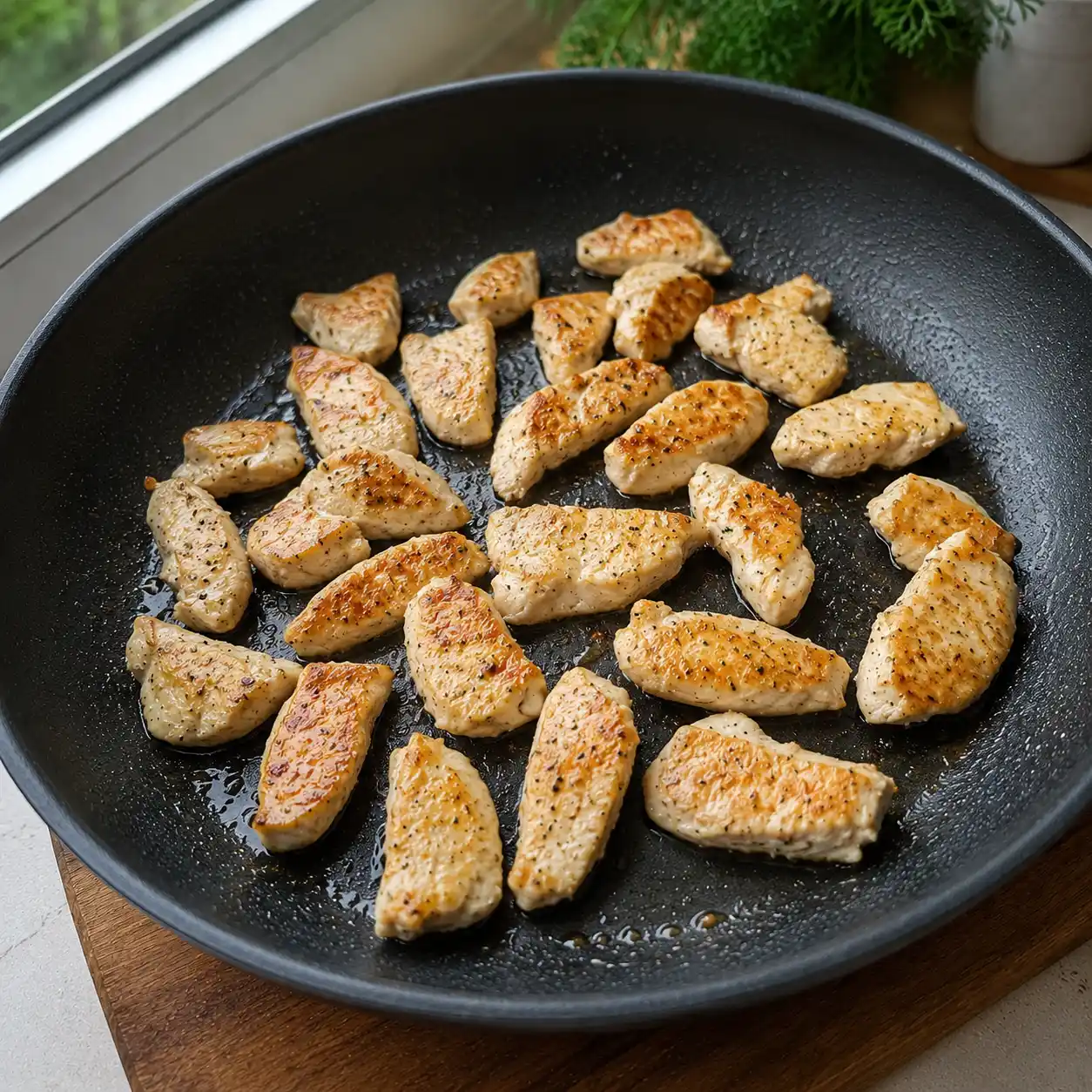 Hähnchenstücke werden in einer Pfanne goldbraun angebraten