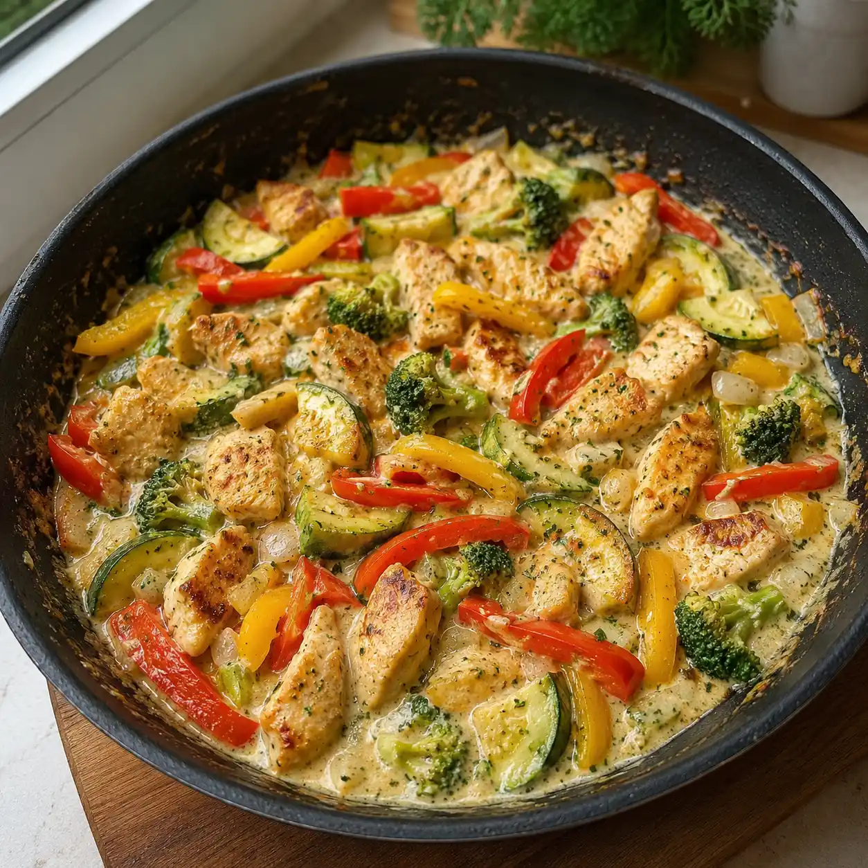 Paprika, Brokkoli und Zucchini garen zusammen mit dem Hähnchen in der Pfanne