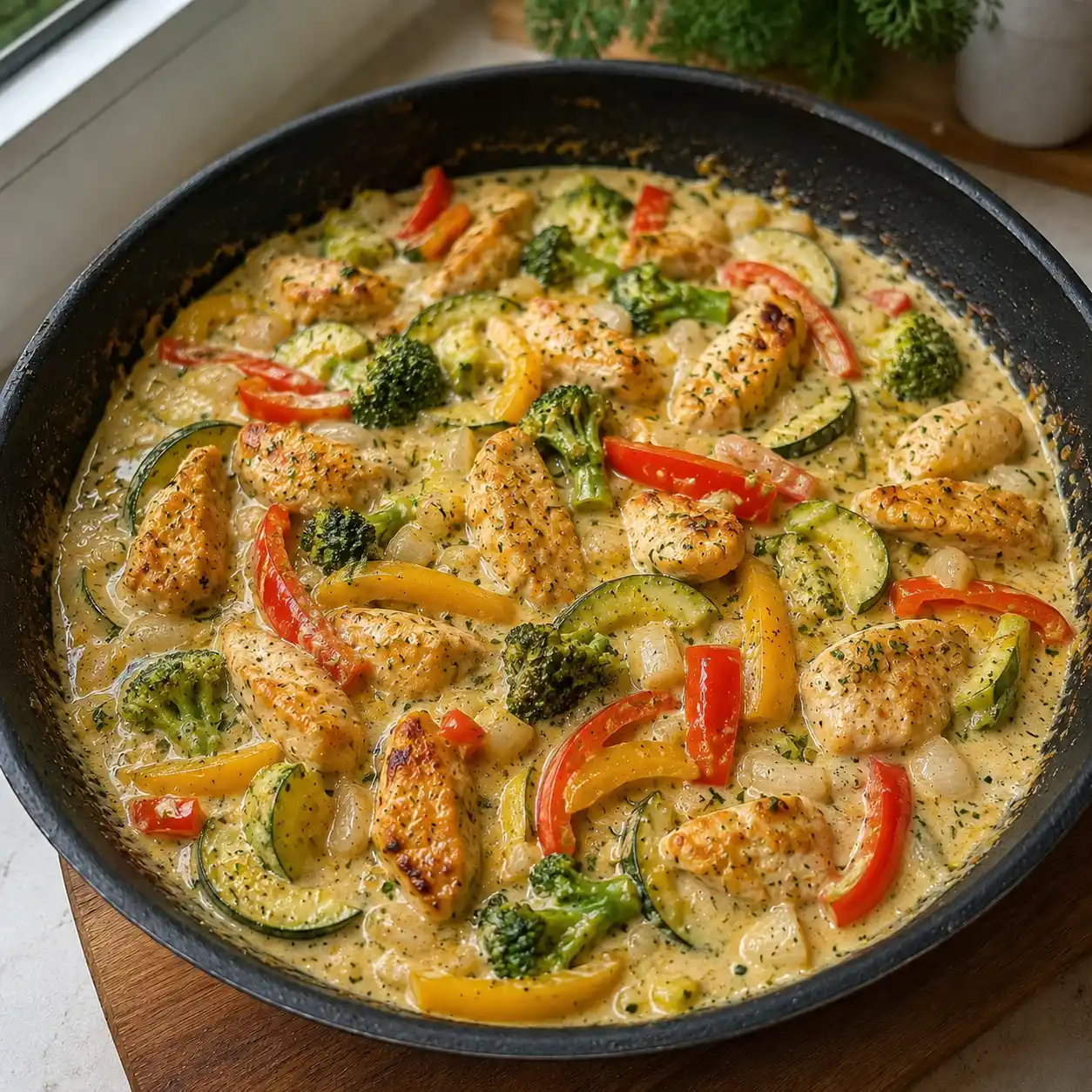 Cremige Hähnchen-Gemüse-Pfanne kurz vor dem Servieren