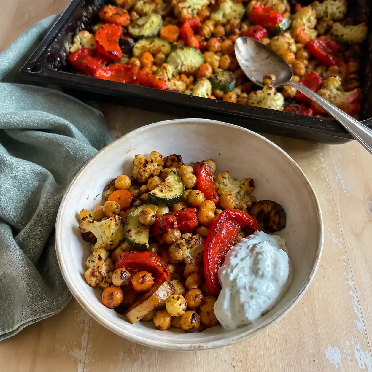 Ofengemüse mit Kichererbsen und Kräuterjoghurt