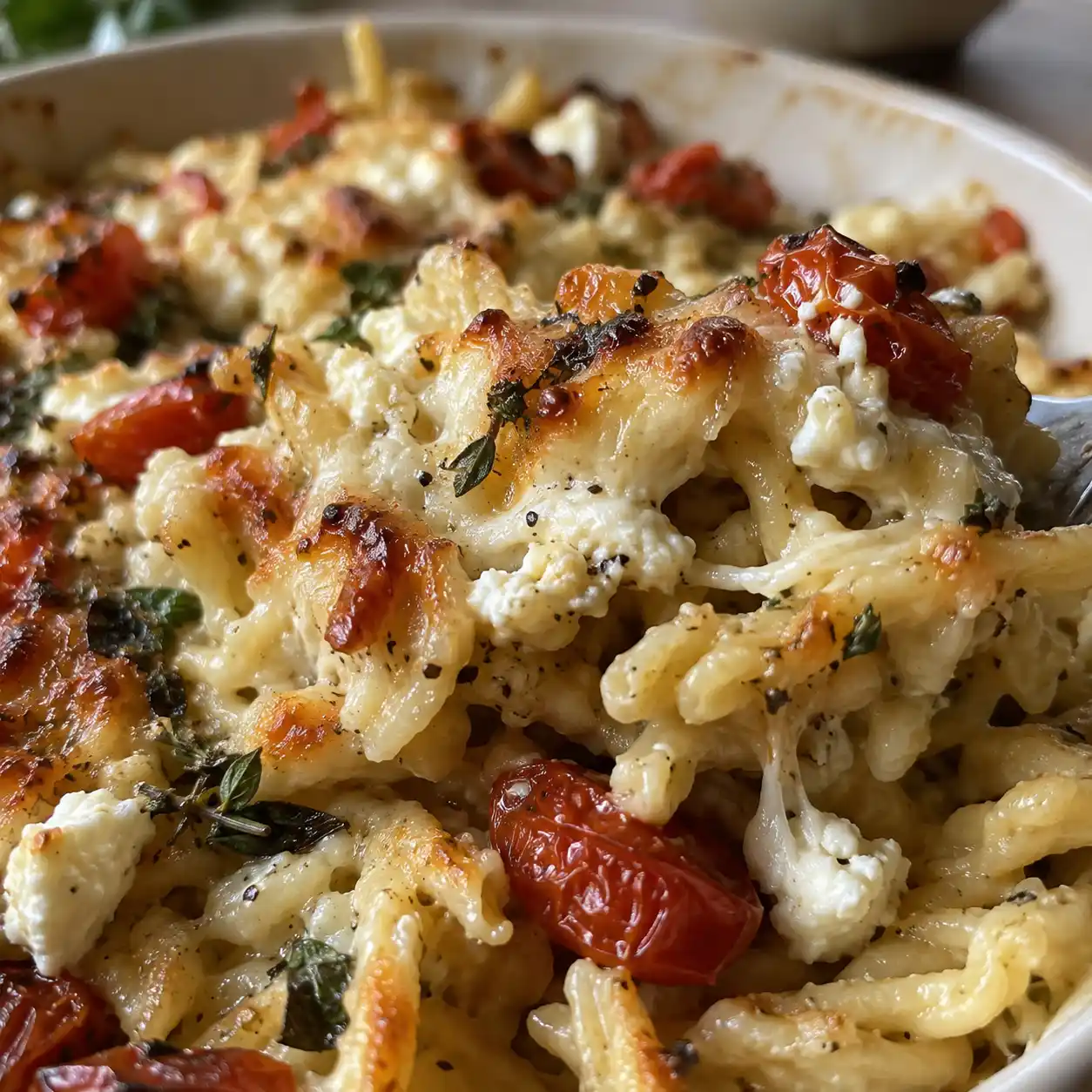 Nahaufnahme von cremigen Baked Feta Spätzle mit geschmolzenem Feta, Tomaten und Spinat