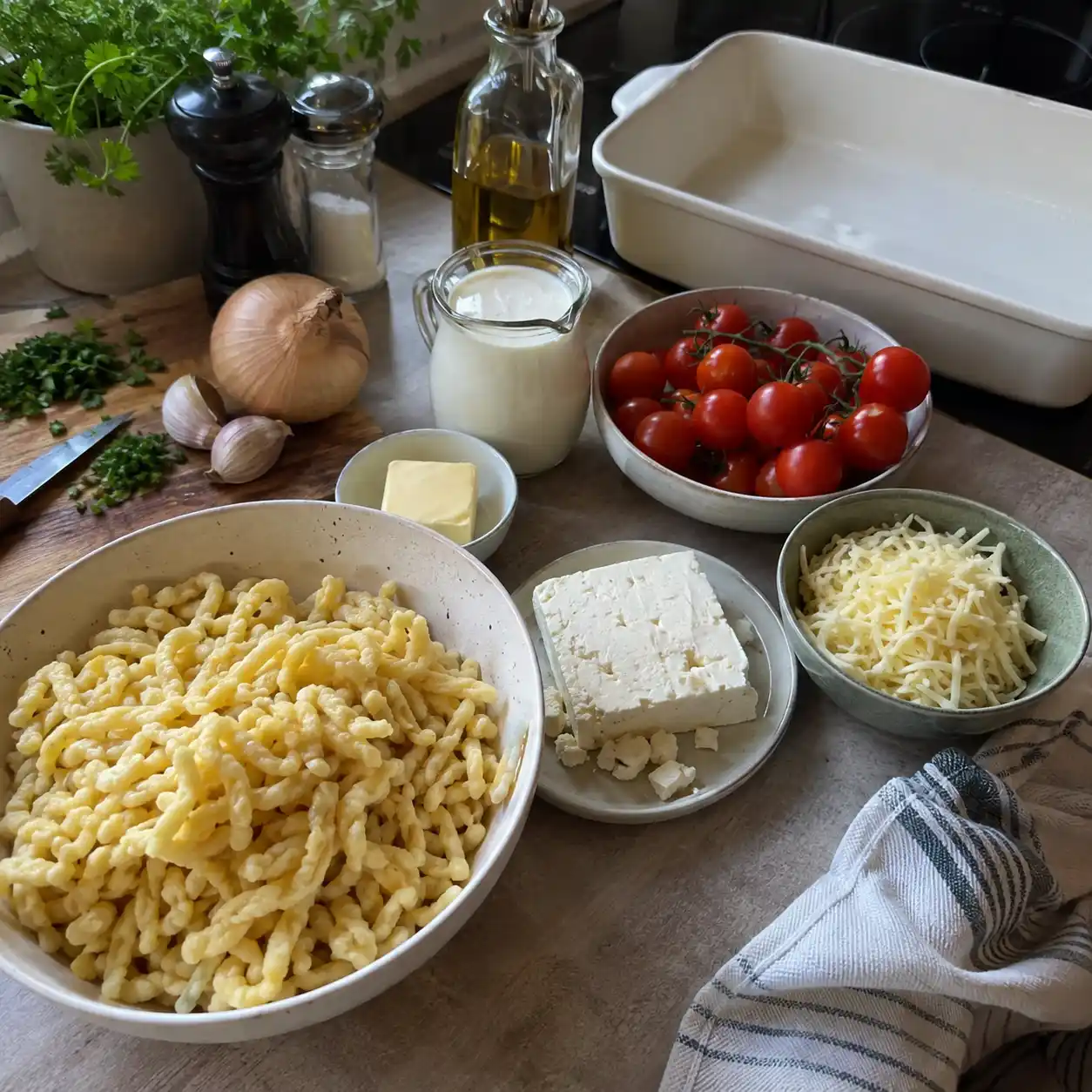 Zutaten für Baked Feta Spätzle mit frischen Spätzle, Feta, Tomaten, Spinat, Sahne und Gewürzen