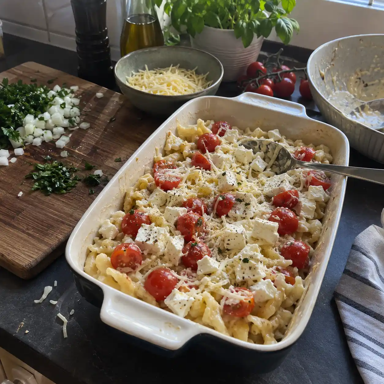 Zubereitung von Baked Feta Spätzle in einer Auflaufform mit Feta, Tomaten und Spätzle