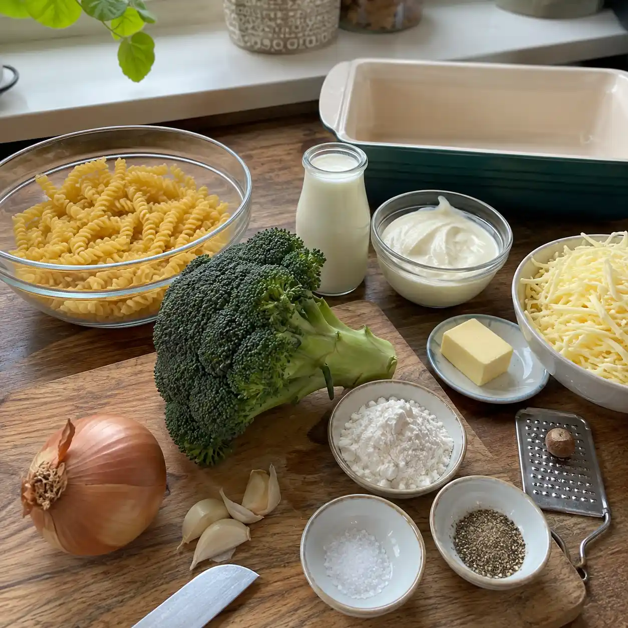 Zutaten für Brokkoli-Nudel-Auflauf mit Nudeln Brokkoli Sahne Milch Brühe Zwiebel Knoblauch und Käse