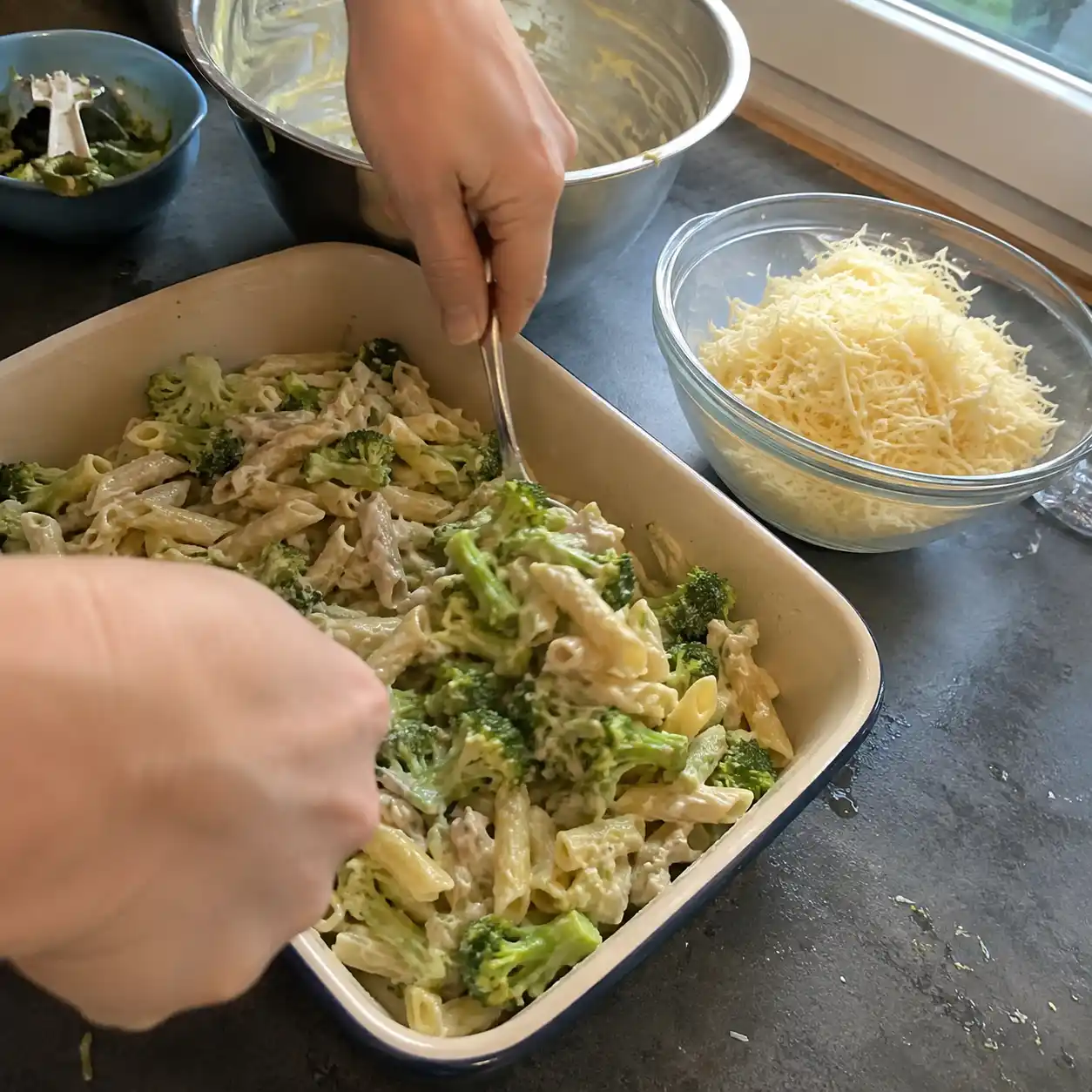 Zubereitung von Brokkoli-Nudel-Auflauf mit vorgekochten Nudeln Brokkoli und cremiger Käsesauce
