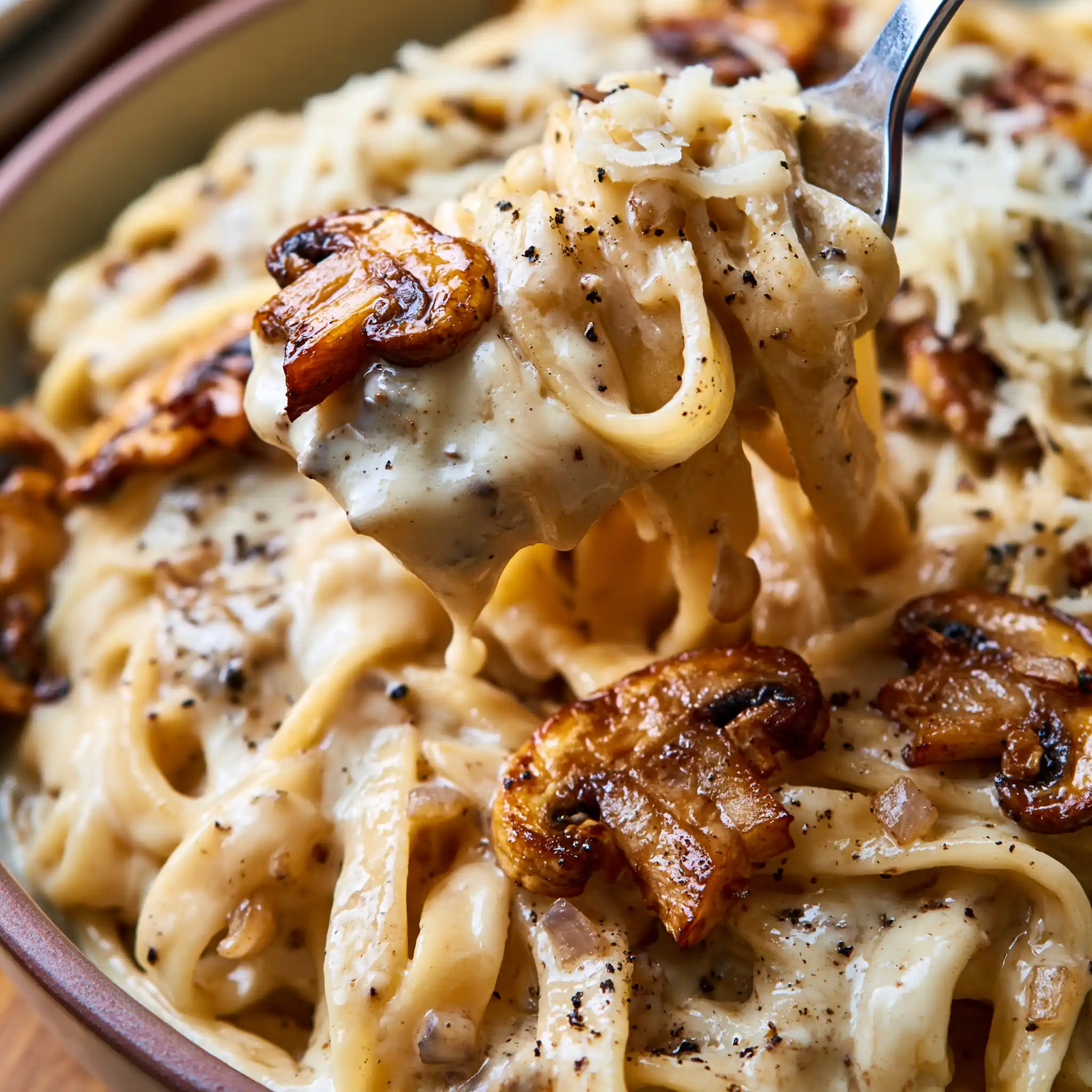Nahaufnahme von cremiger Pilz-Pasta mit gebratenen Champignons und Parmesan