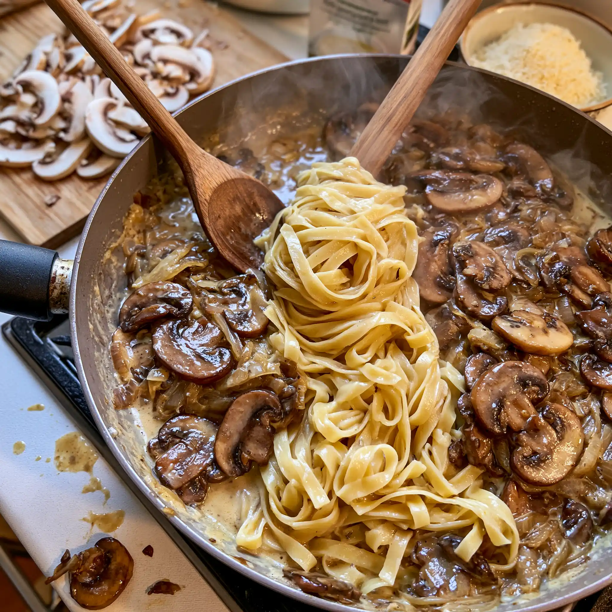 Zubereitung von cremiger Pilz-Pasta mit goldbraun angebratenen Pilzen und cremiger Sauce in der Pfanne