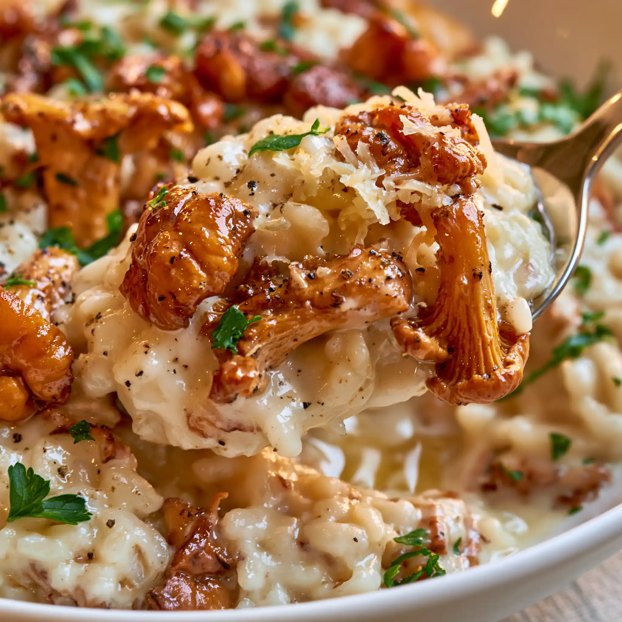 Nahaufnahme von cremigem Pfifferling-Risotto mit Parmesan und goldbraunen Pfifferlingen