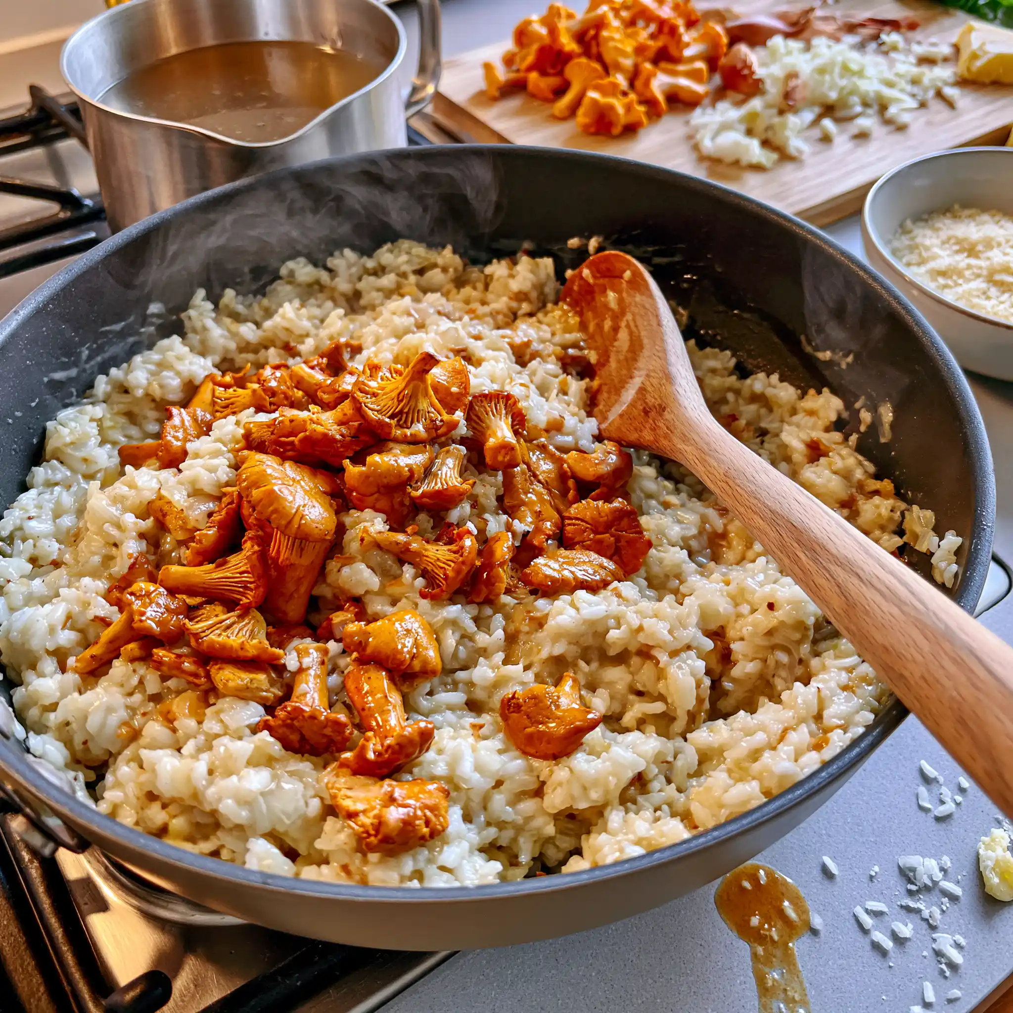 Zubereitung von Pfifferling-Risotto mit angebratenen Pfifferlingen und cremig gegartem Risottoreis