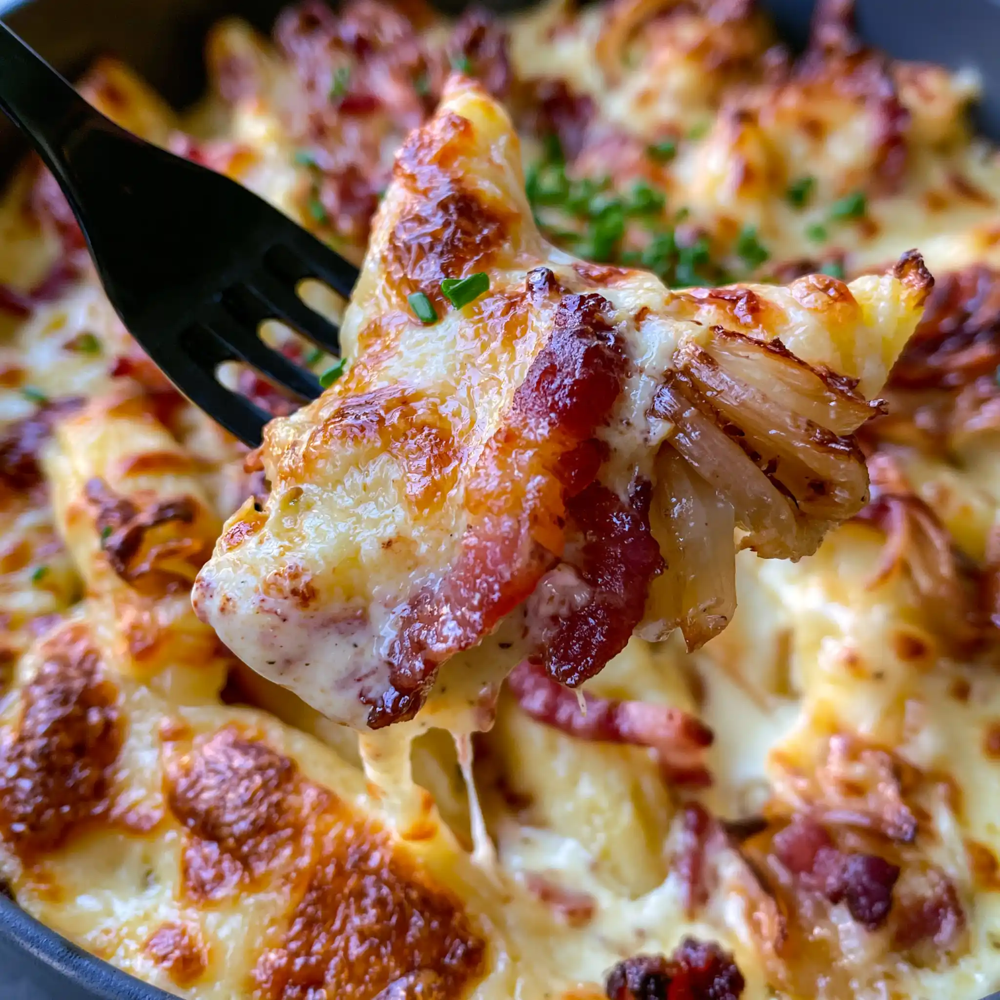 Nahaufnahme von cremigem Flammkuchen-Schupfnudel-Auflauf mit geschmolzenem Käse und Speck