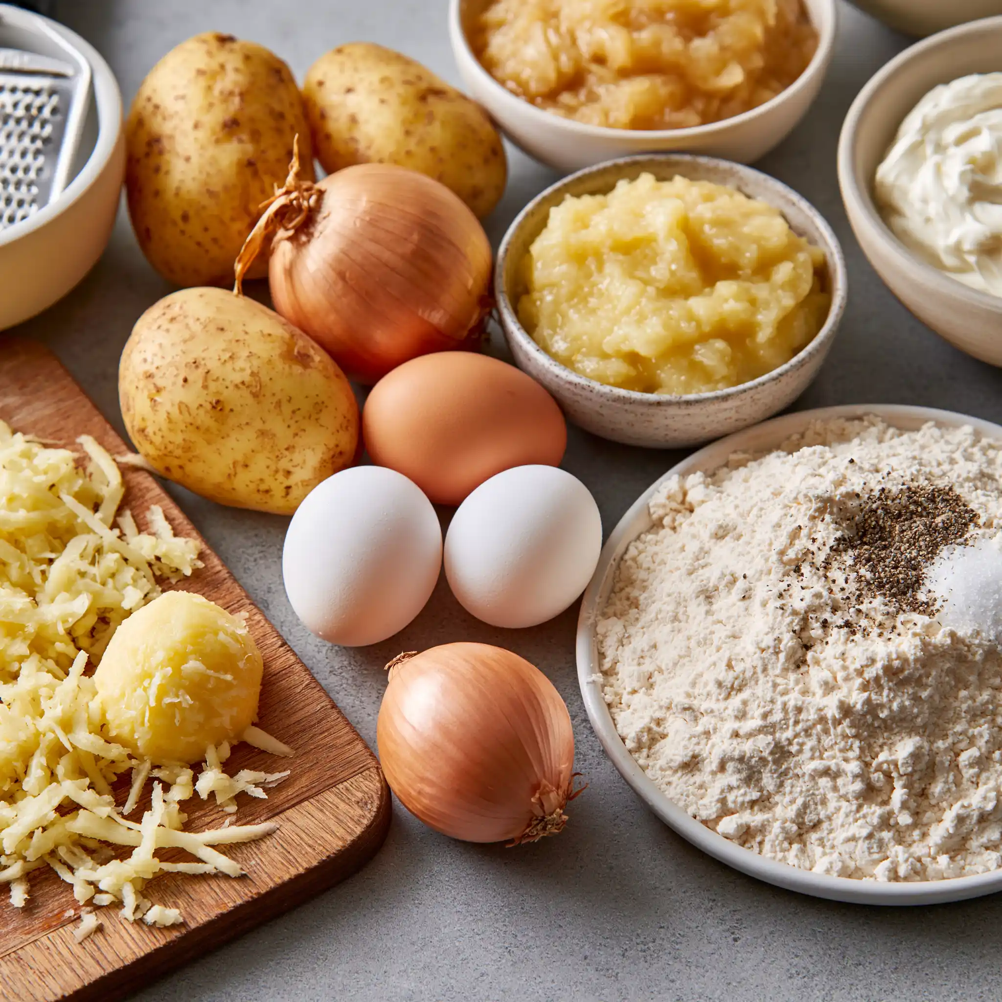 Zutaten für knusprige Kartoffelpuffer mit Kartoffeln Zwiebel Eiern und Gewürzen