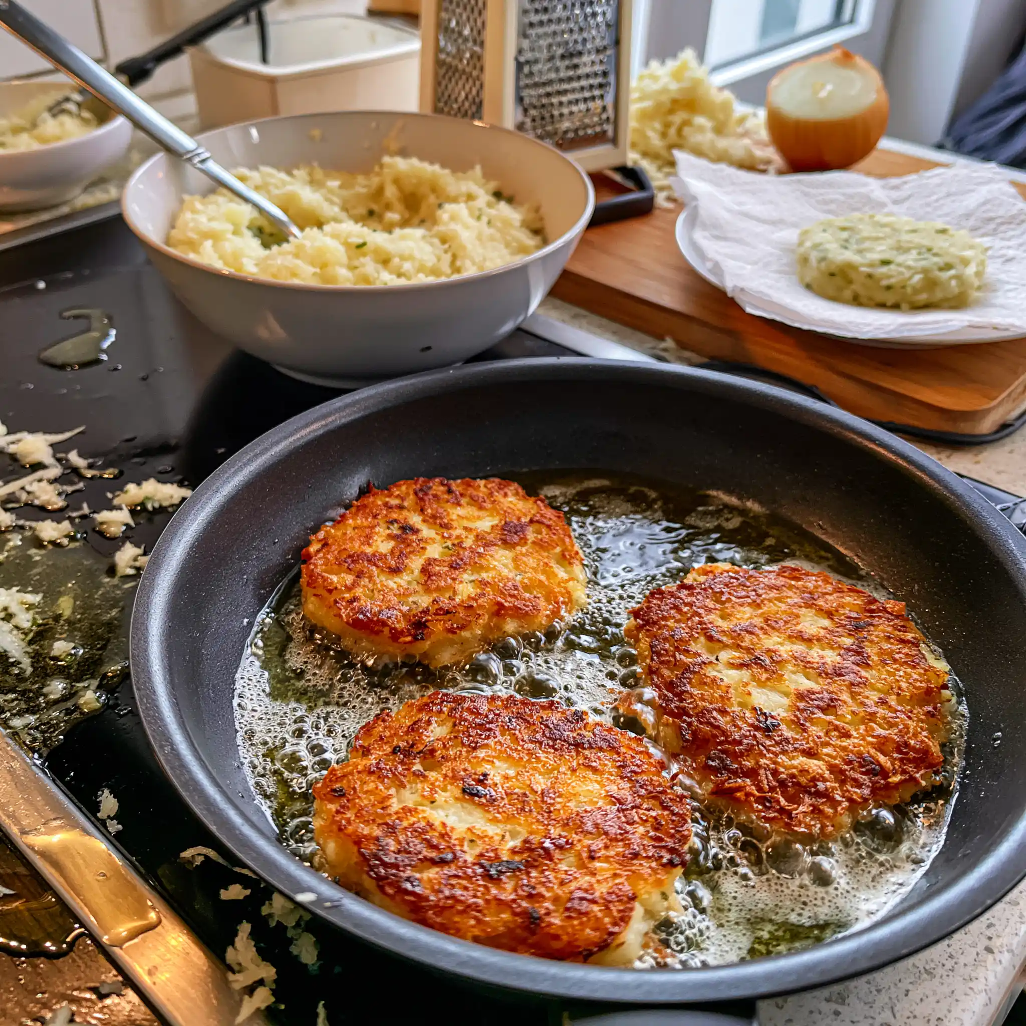 Geriebene Kartoffelmasse wird für knusprige Kartoffelpuffer vorbereitet