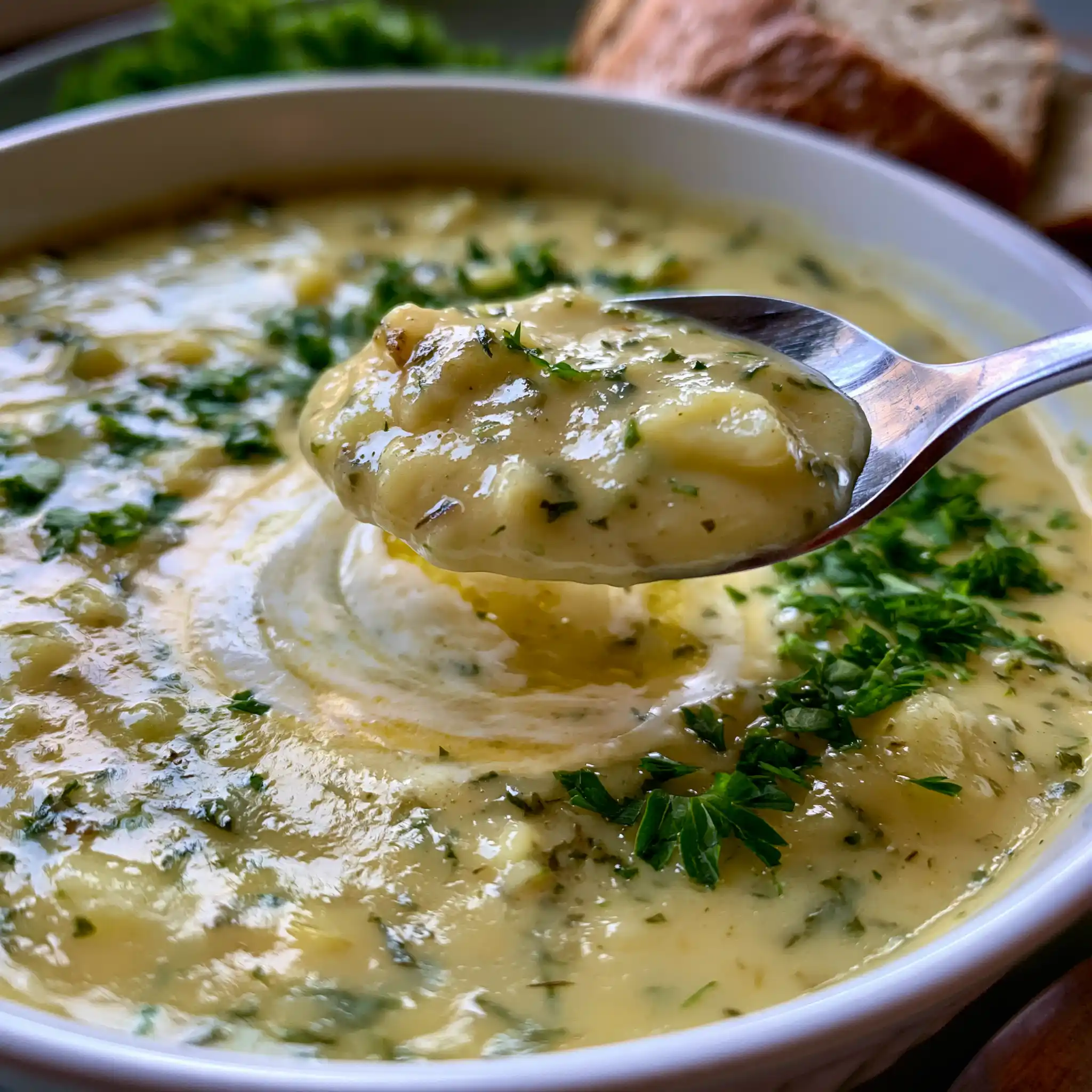 Nahaufnahme von cremiger Kartoffelsuppe mit Kartoffelstücken, Lauch und frischen Kräutern
