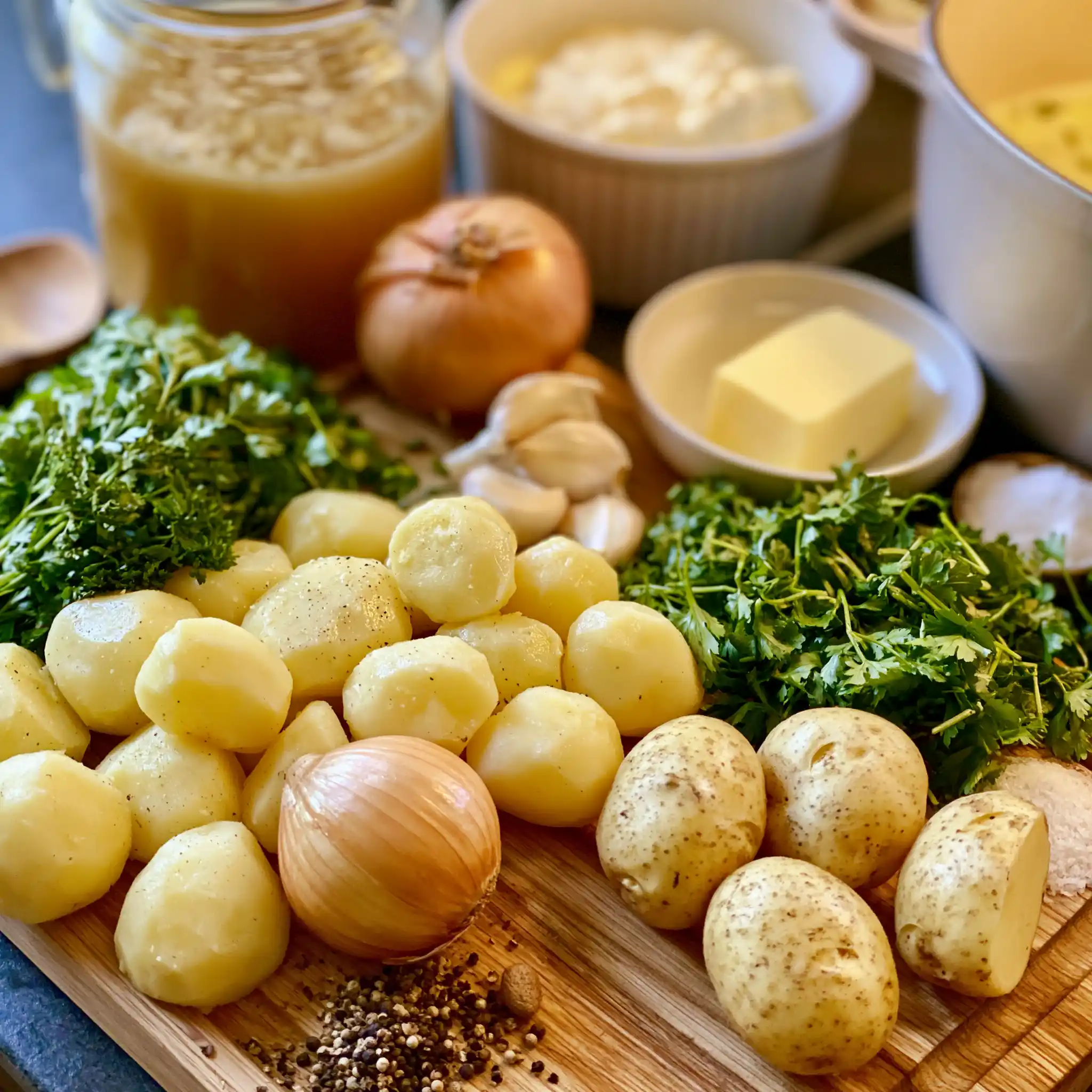 Zutaten für einfache Kartoffelsuppe mit Kartoffeln, Lauch, Möhren, Sellerie, Brühe und Sahne