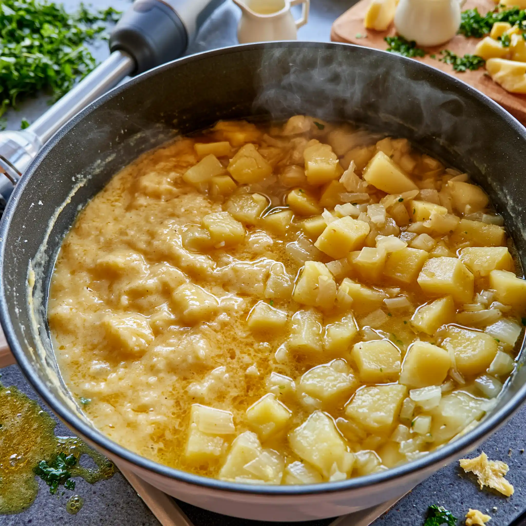 Vorbereitung der Kartoffelsuppe im Topf mit Kartoffelwürfeln, Lauch und Suppengemüse