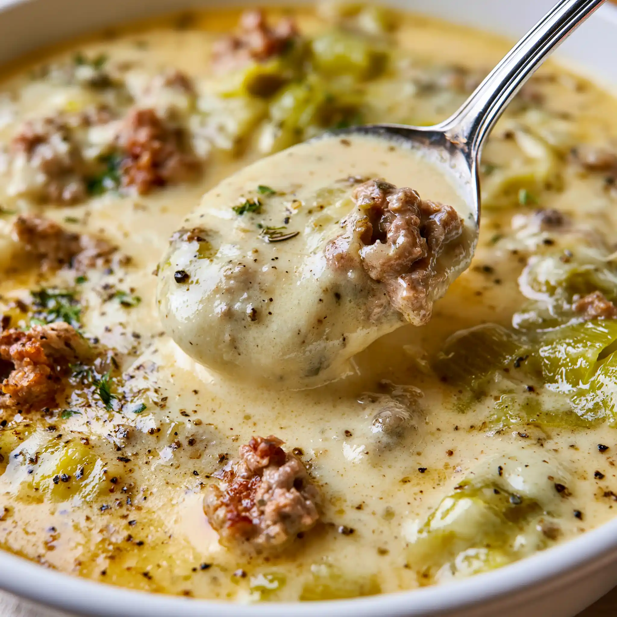 Nahaufnahme von cremiger Käse-Lauch-Suppe mit Hackfleisch, Lauch und geschmolzenem Gouda