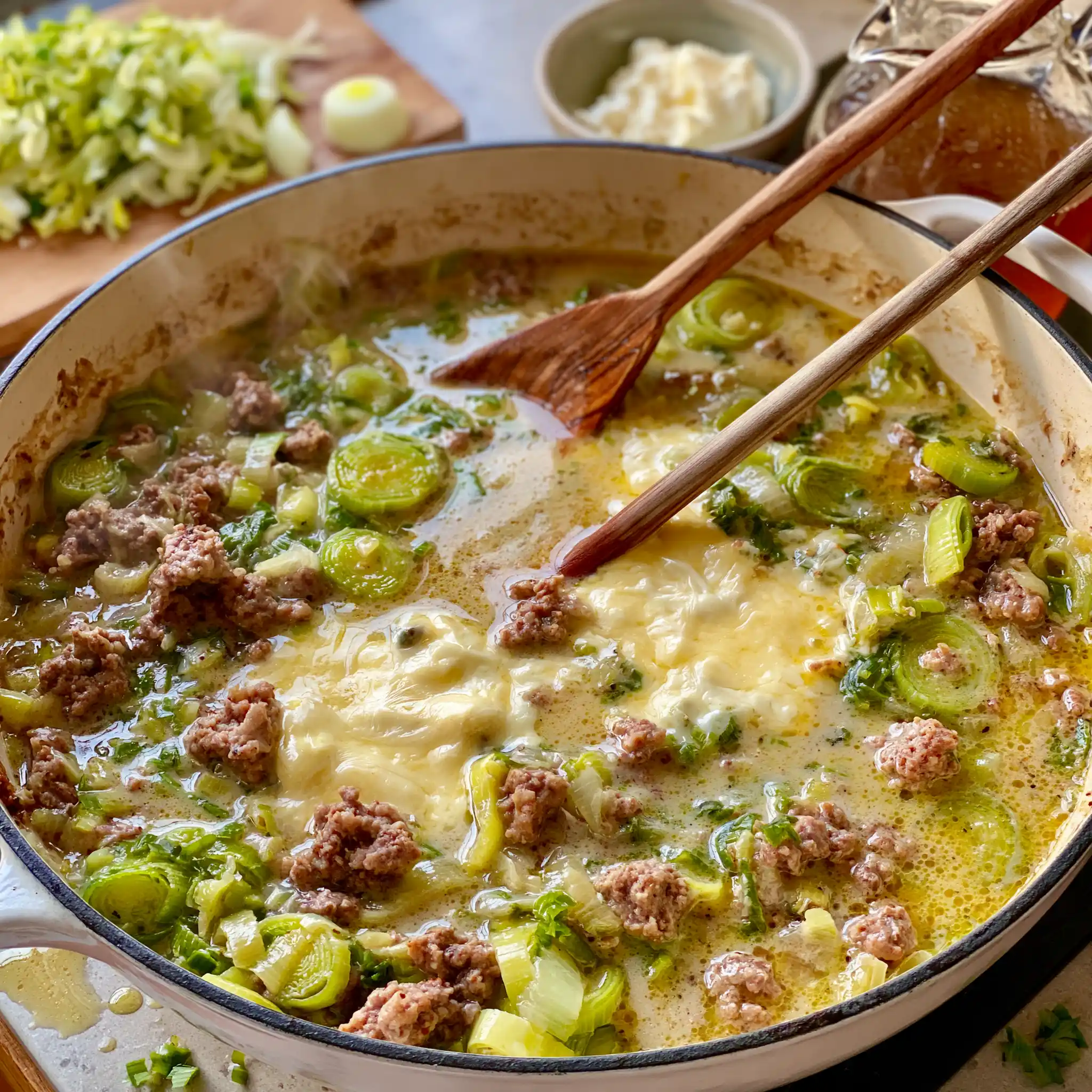 Zubereitung von Käse-Lauch-Suppe mit angebratenem Hackfleisch, Lauch und cremiger Käse-Sauce im Topf