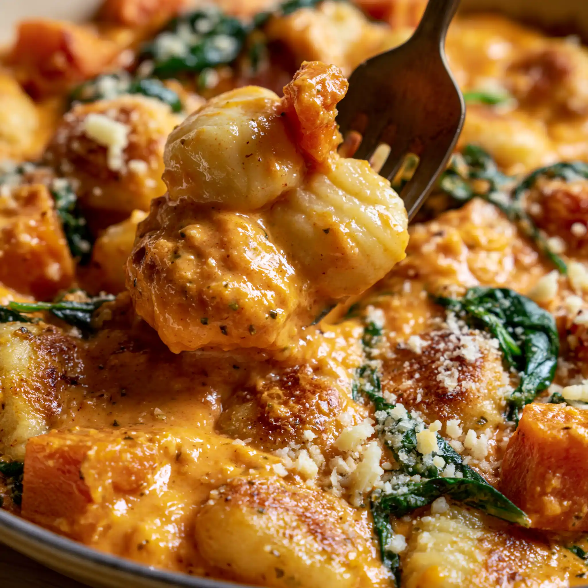 Nahaufnahme von cremiger Kürbis-Gnocchi-Pfanne mit goldbraunen Gnocchi und Hokkaido