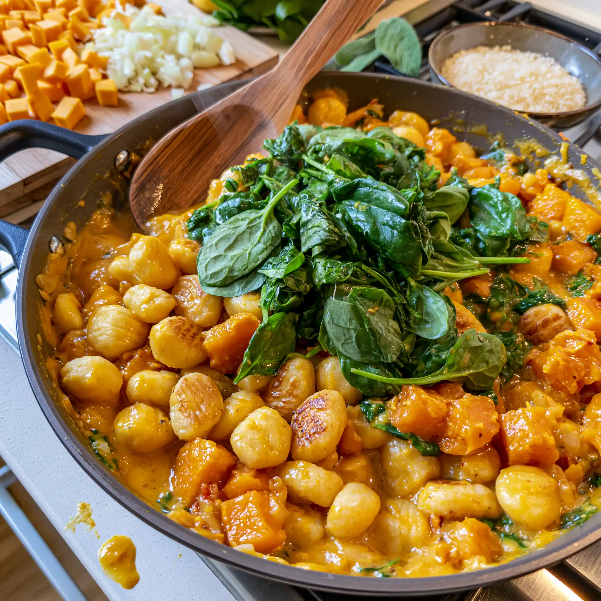 Zubereitung der Kürbis-Gnocchi-Pfanne mit angebratenen Gnocchi und Hokkaido in der Pfanne
