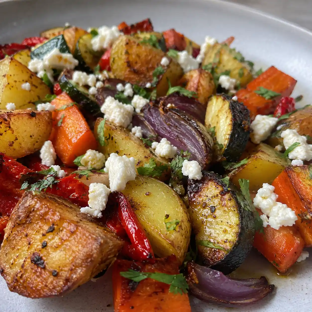 Nahaufnahme von Ofengemüse mit Kartoffeln und Feta mit goldbraunen Röstaromen