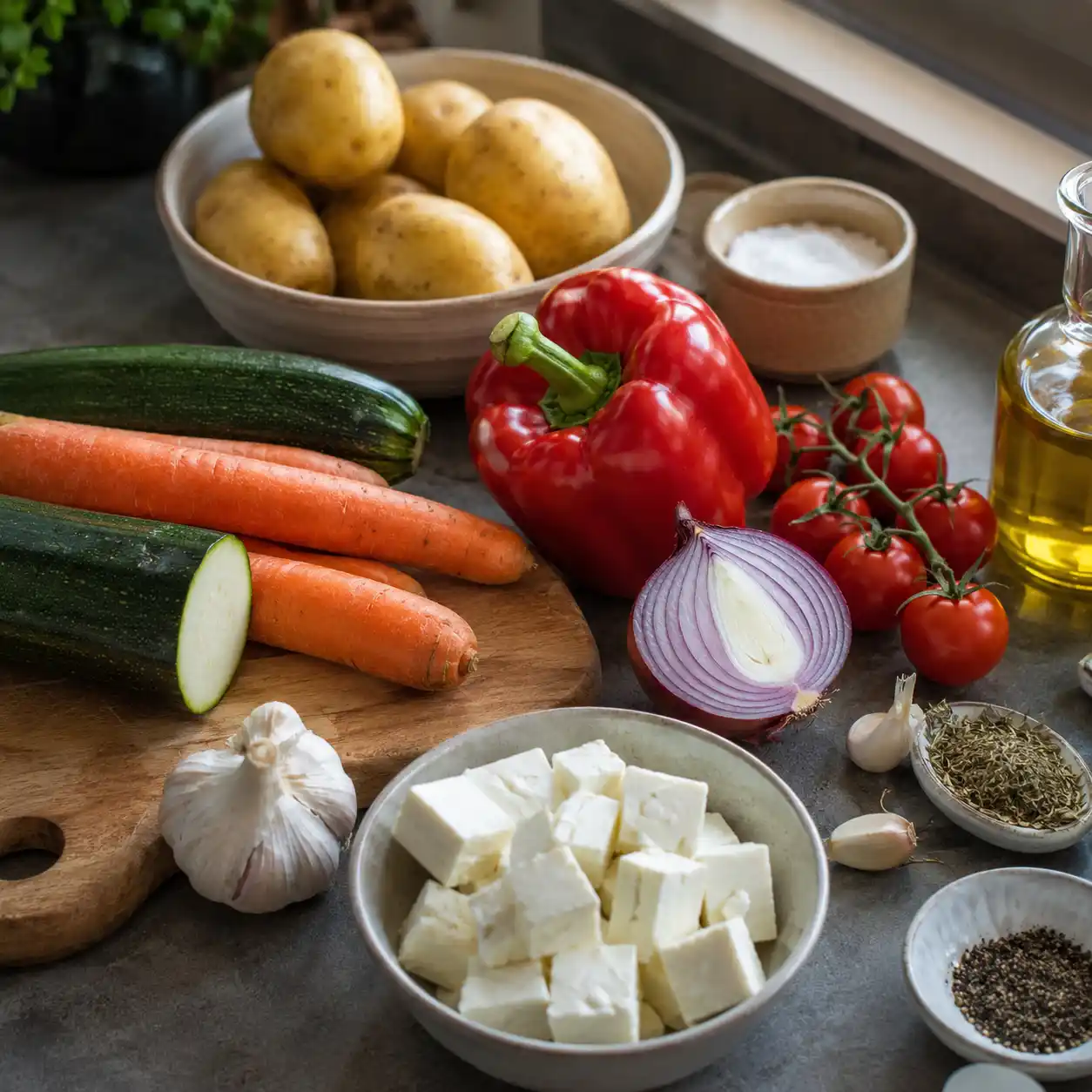Zutaten für Ofengemüse mit Kartoffeln und Feta mit Paprika Zucchini Möhren und Tomaten
