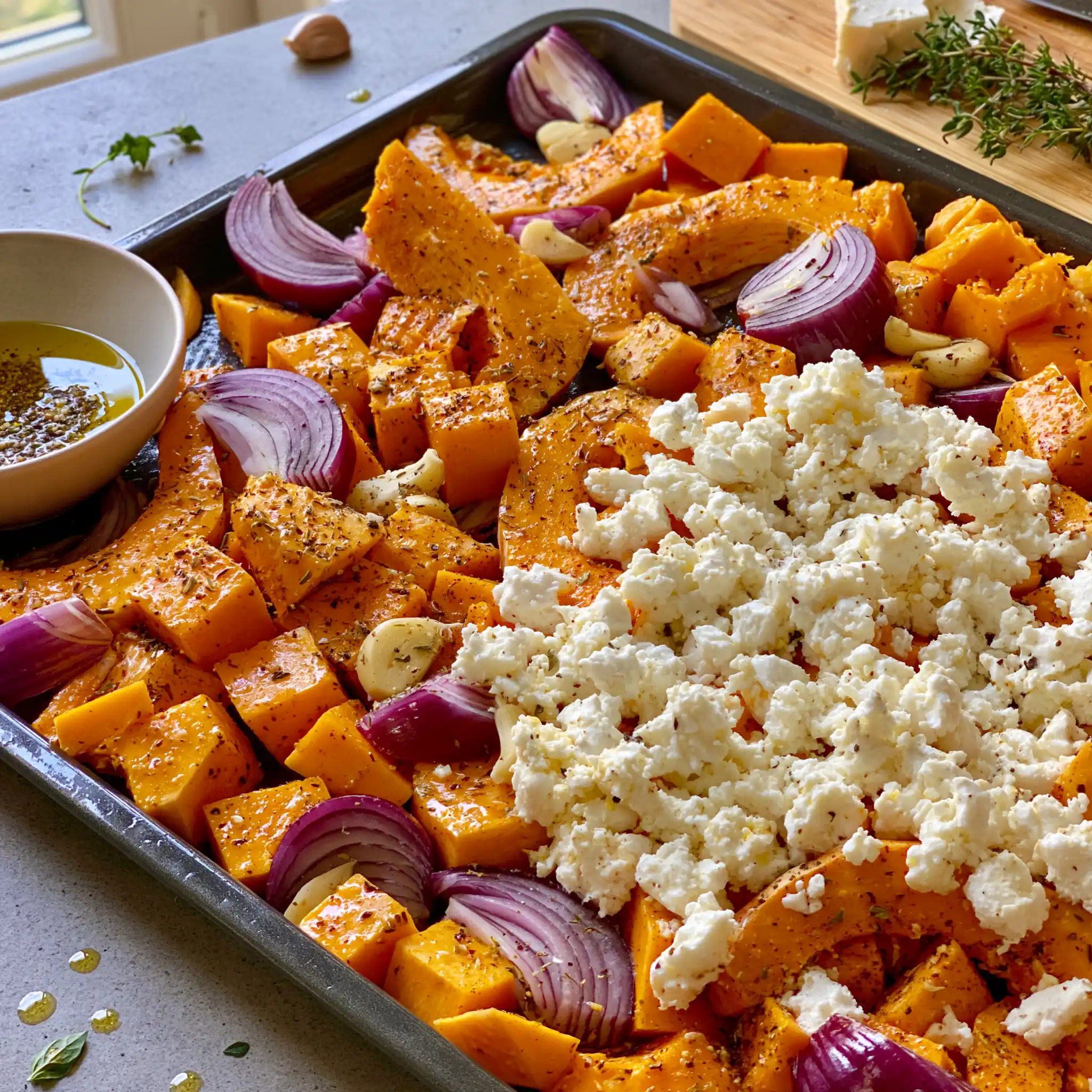 Zubereitung von Ofenkürbis mit Feta auf dem Backblech mit gewürzten Hokkaido-Stücken und Zwiebeln