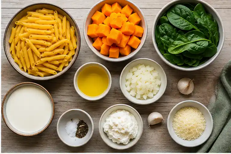 Zutaten für One-Pot-Kürbis-Pasta mit Spinat, Hokkaido, Pasta, Sahne und Parmesan