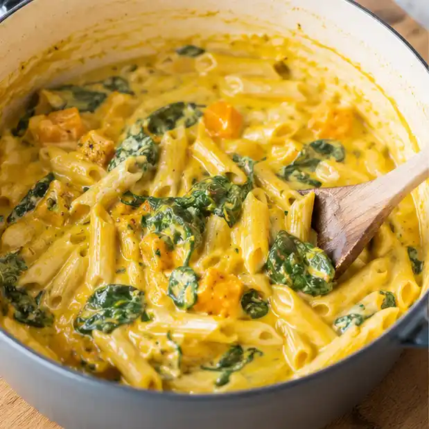 Zubereitung von One-Pot-Kürbis-Pasta mit Hokkaido, Pasta und Spinat im Topf