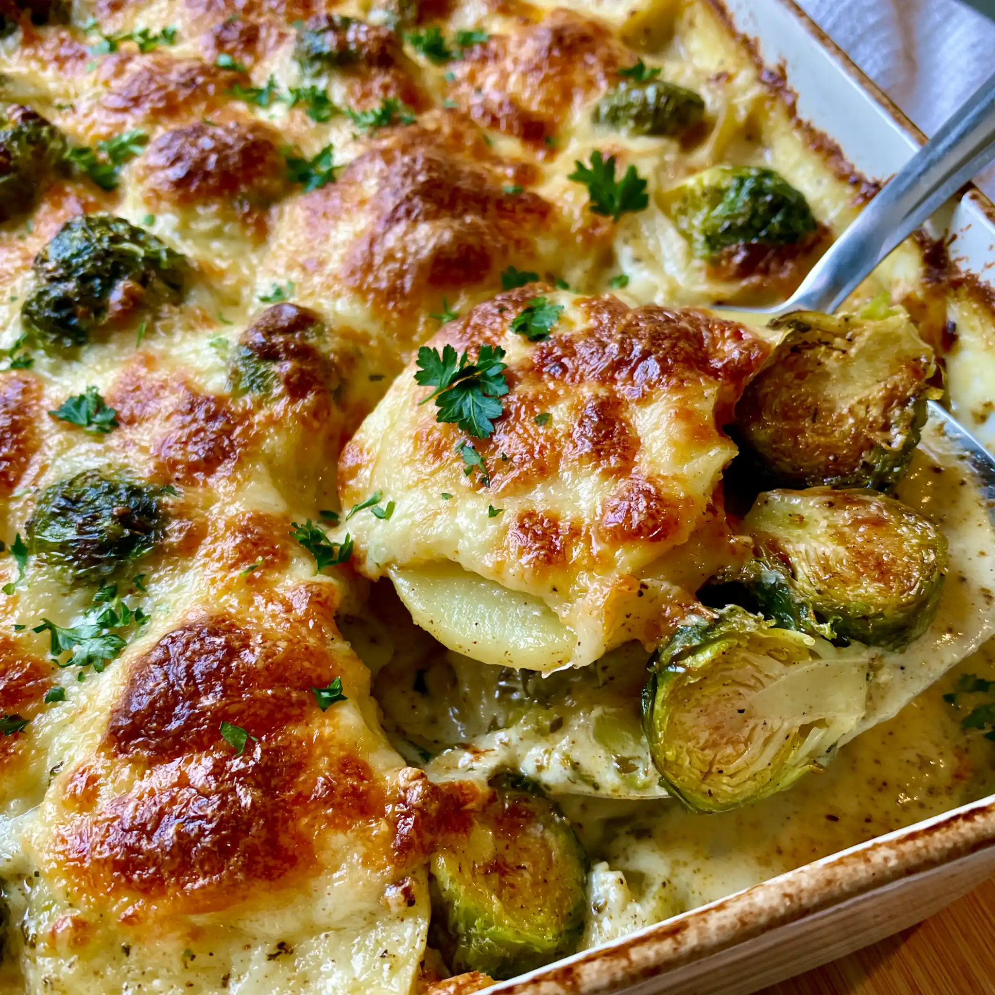Rosenkohl-Kartoffel-Auflauf mit goldbraunem Käse frisch aus dem Ofen