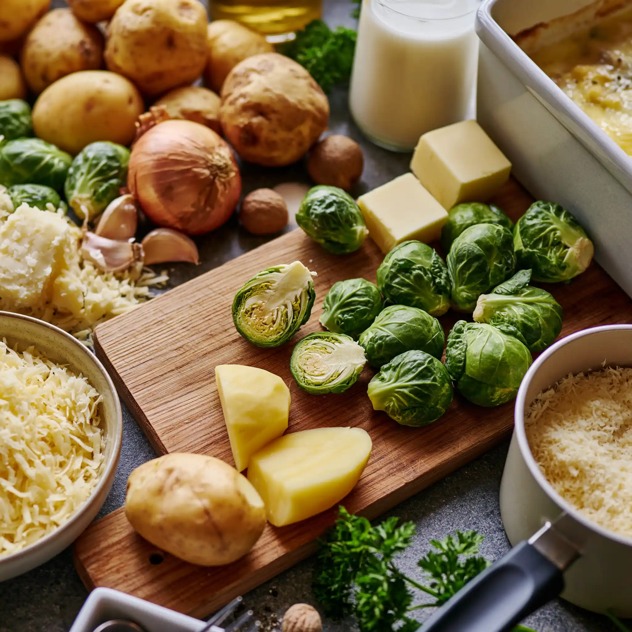 Zutaten für Rosenkohl-Kartoffel-Auflauf mit Kartoffeln Rosenkohl Sahne Eiern und Käse
