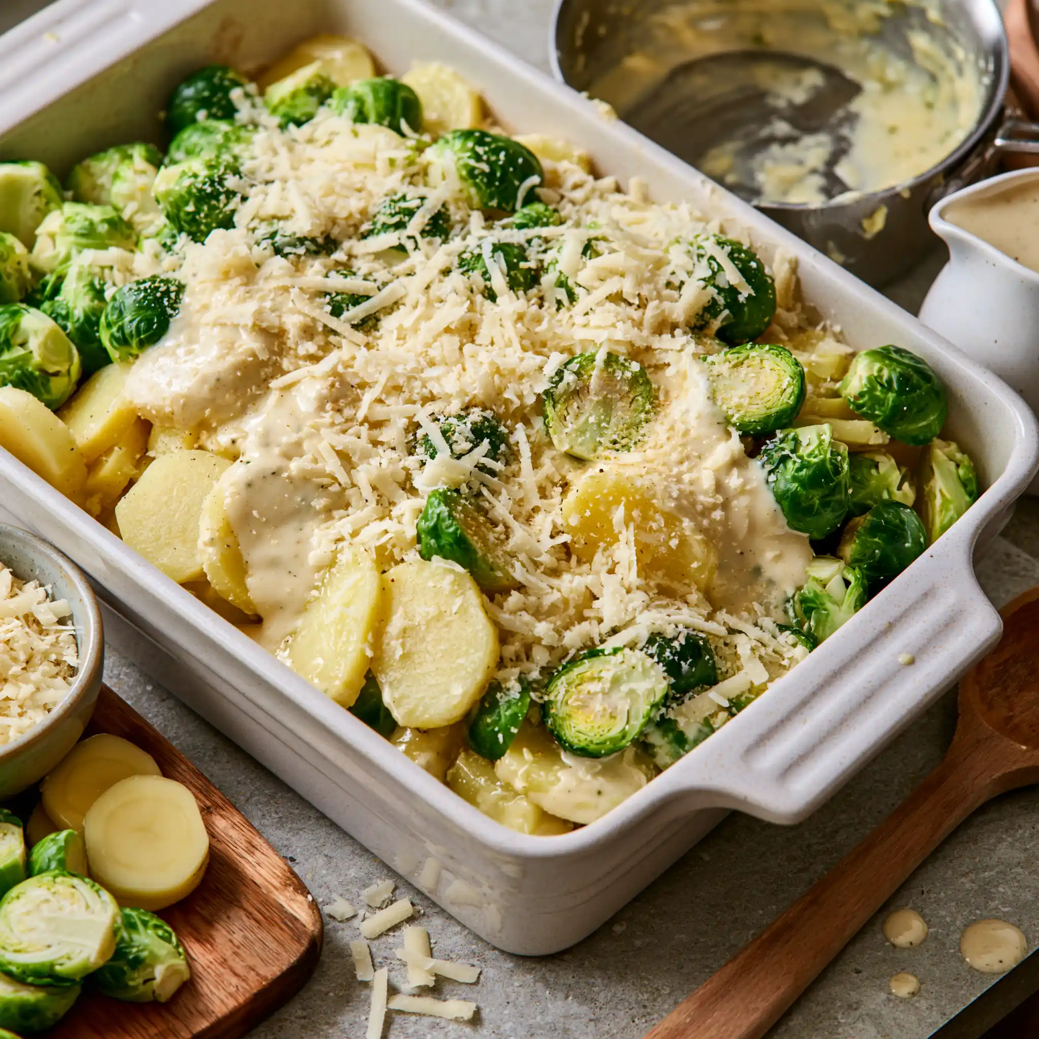 Vorbereitung von Kartoffeln und Rosenkohl für den Auflauf