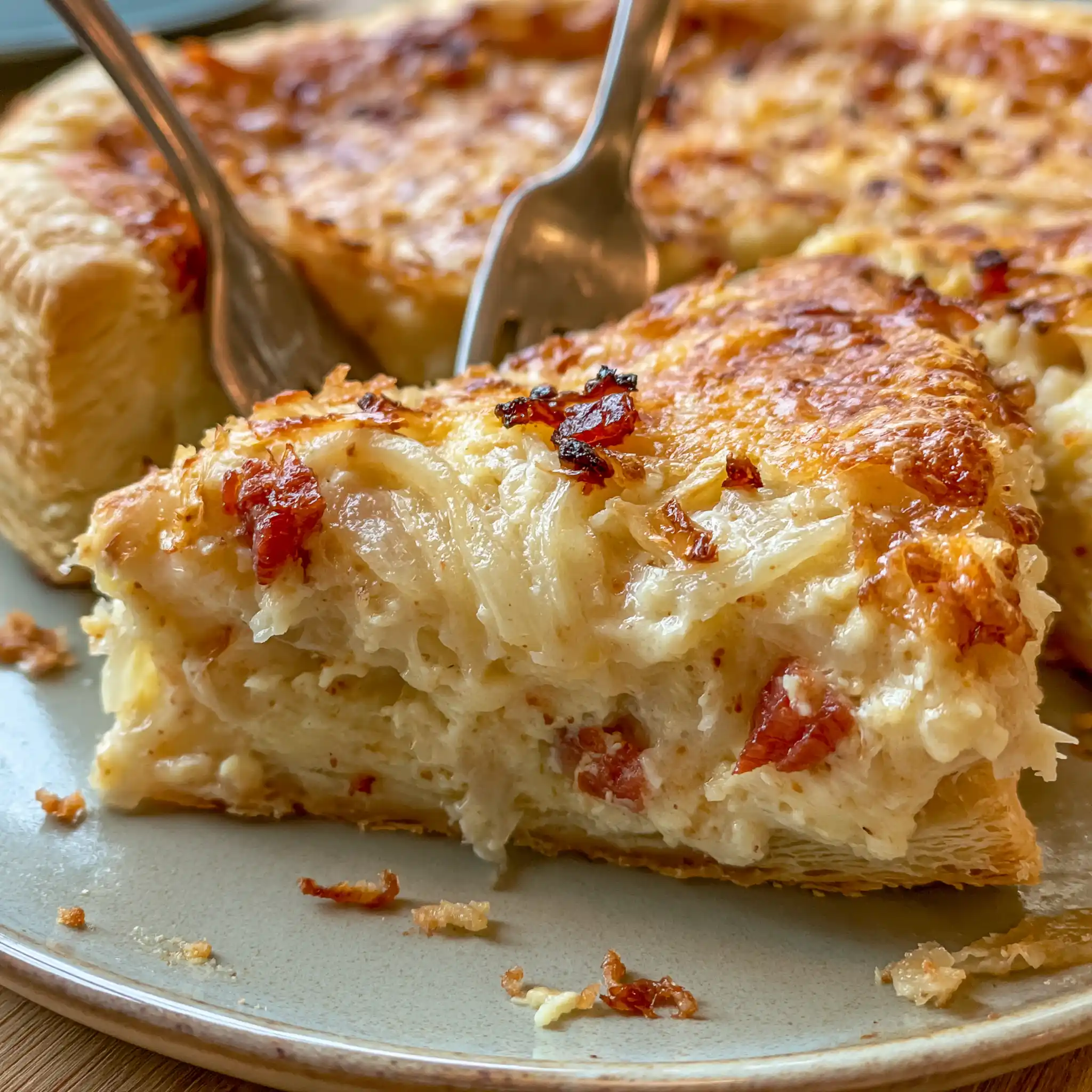 Nahaufnahme von knusprigem Zwiebelkuchen mit goldbraunem Blätterteig und cremiger Zwiebel-Füllung