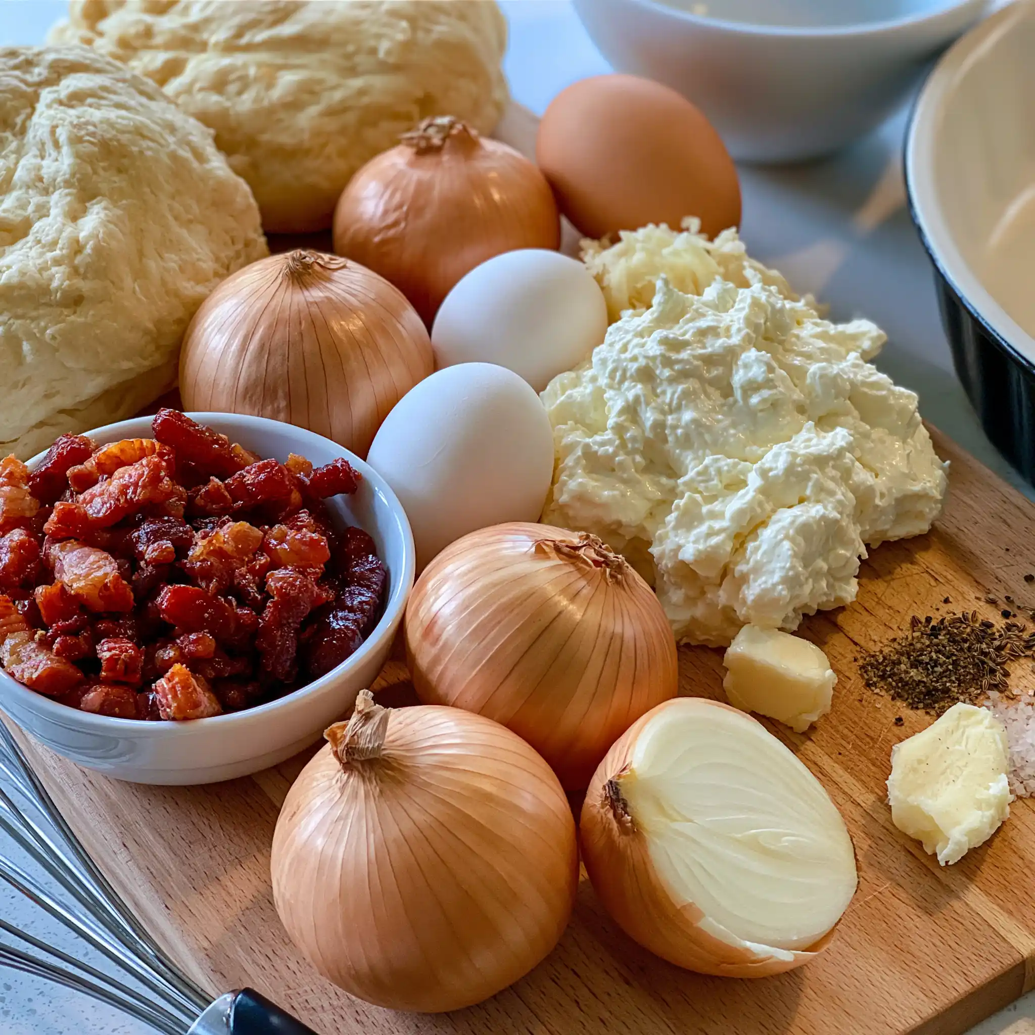 Zutaten für Zwiebelkuchen mit Blätterteig mit Zwiebeln, Speck, Eiern, Schmand und Blätterteig