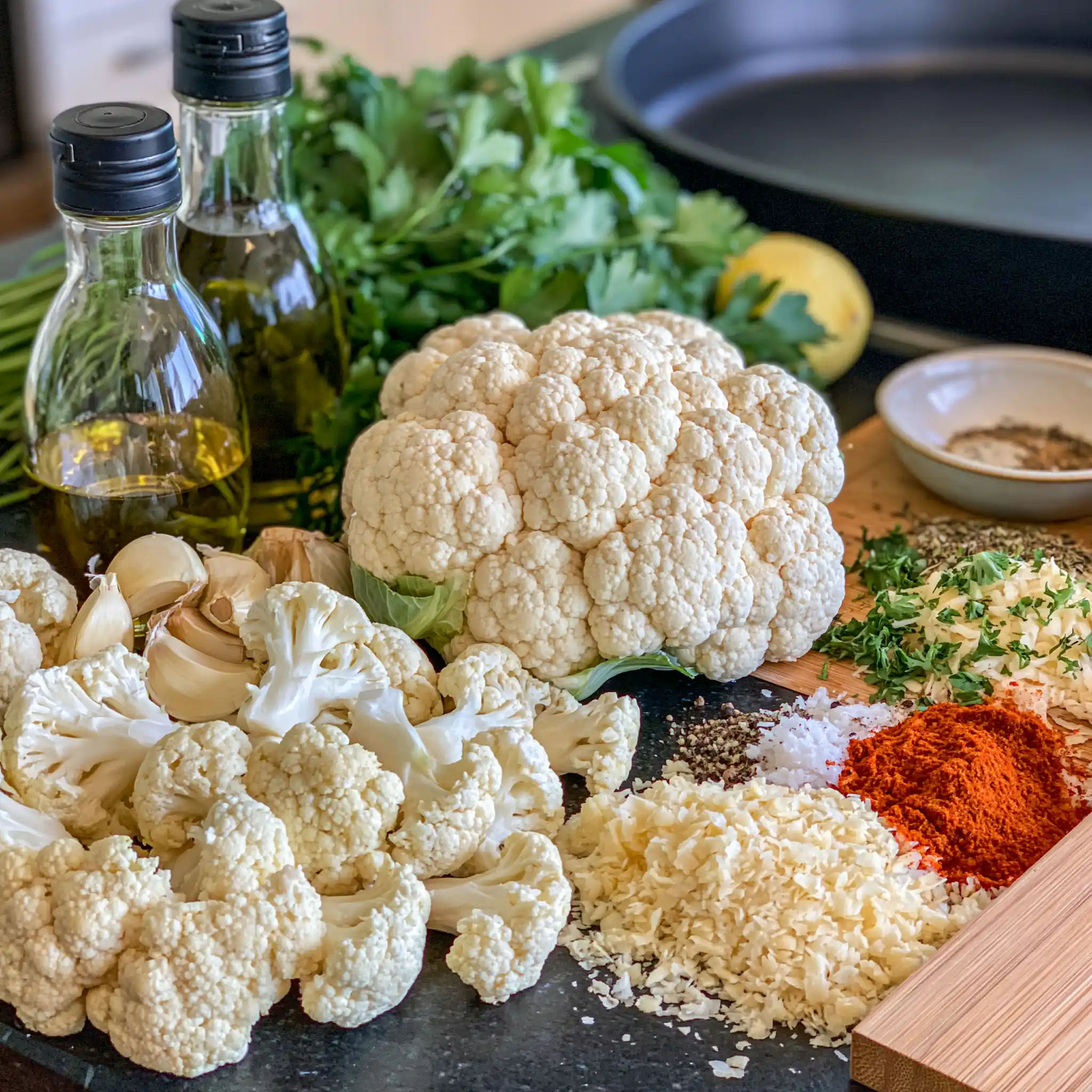 Zutaten für Blumenkohl aus dem Ofen mit Parmesan Olivenöl Panko und Gewürzen