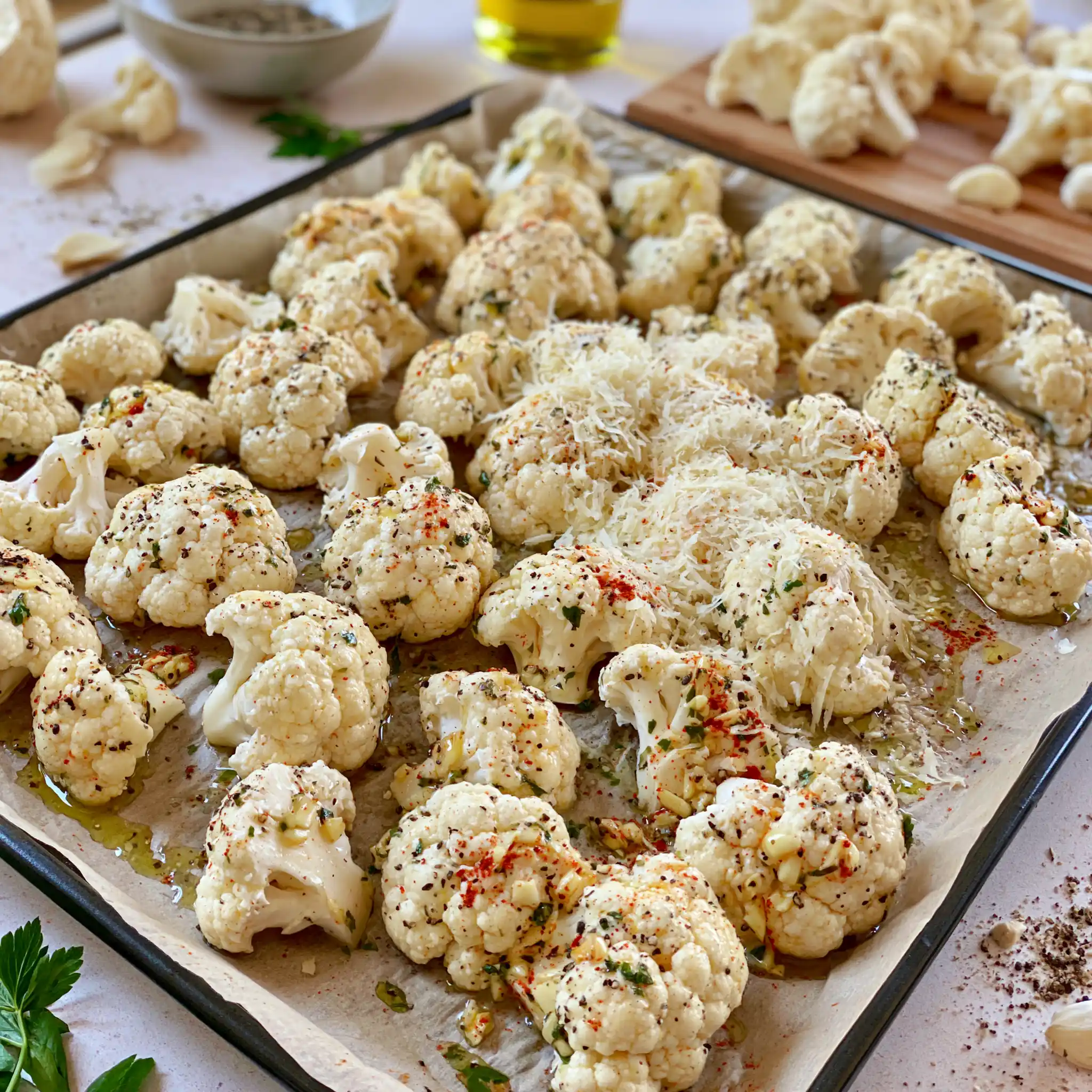 Vorbereitung von Blumenkohlröschen mit Parmesan Panko Olivenöl und Gewürzen vor dem Backen