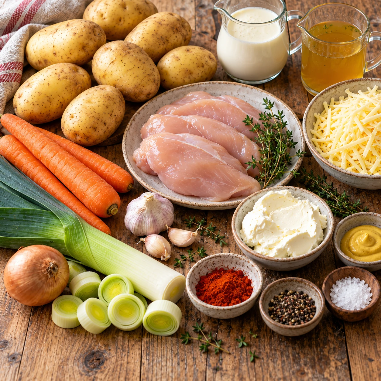 Zutaten für Hähnchen-Kartoffel-Auflauf mit Kartoffeln, Hähnchen, Lauch und Käse