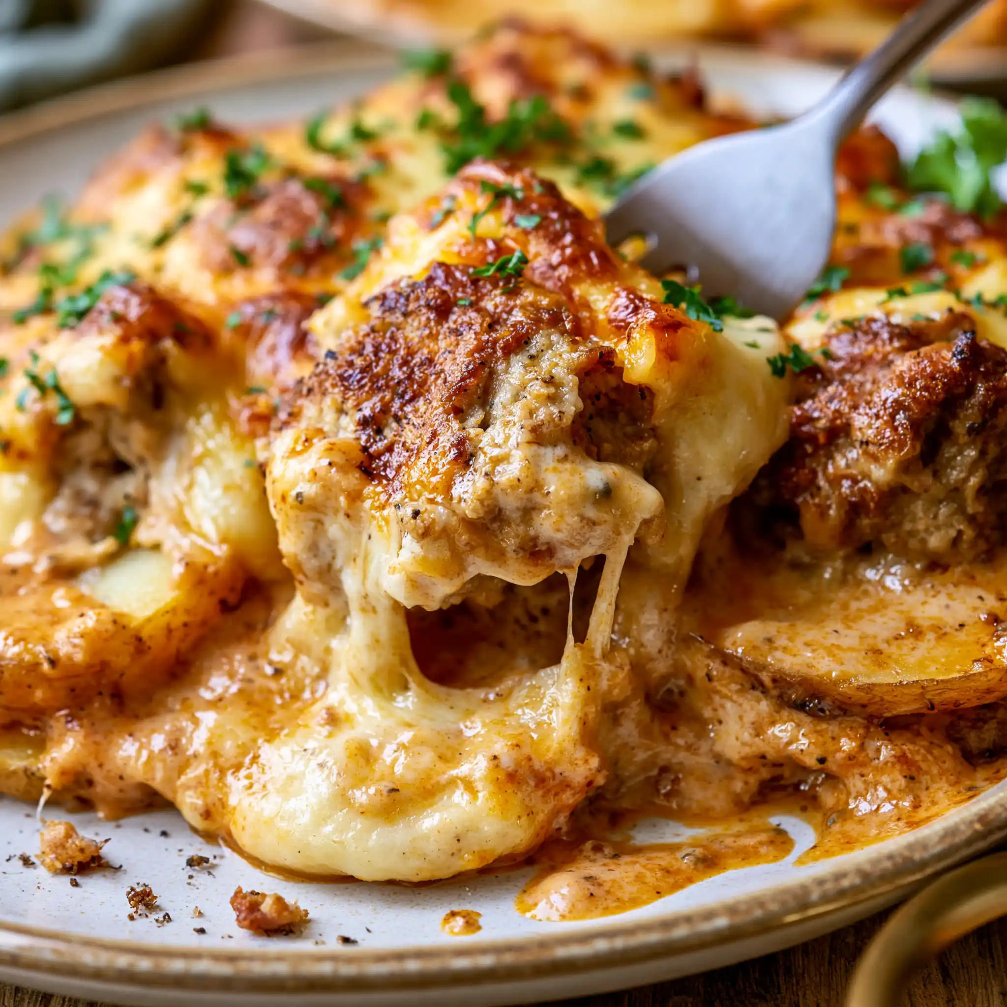 Nahaufnahme von cremigem Kartoffel-Frikadellen-Auflauf mit Porree und Käse