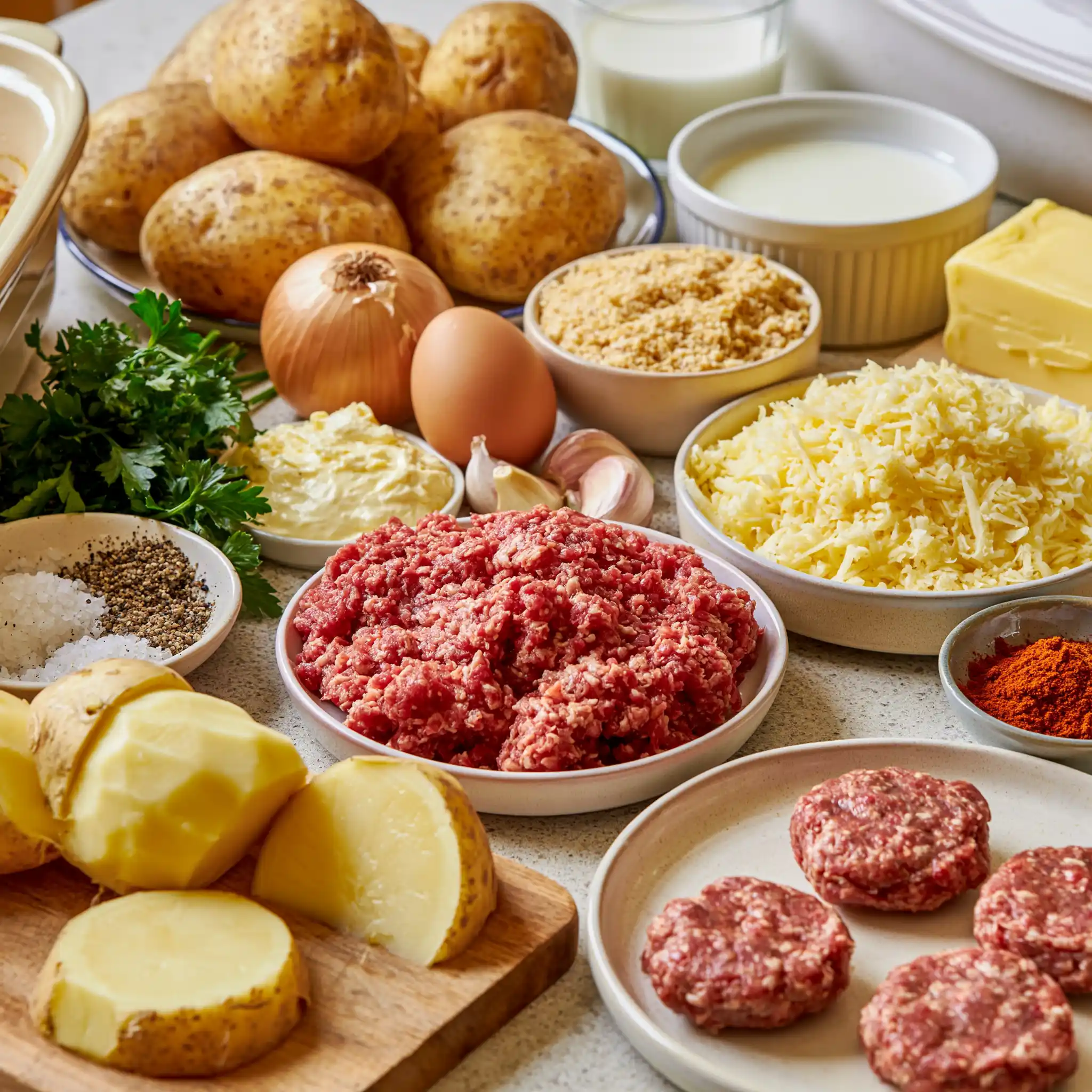 Zutaten für Kartoffel-Frikadellen-Auflauf mit Kartoffeln Porree Hackfleisch und Käse