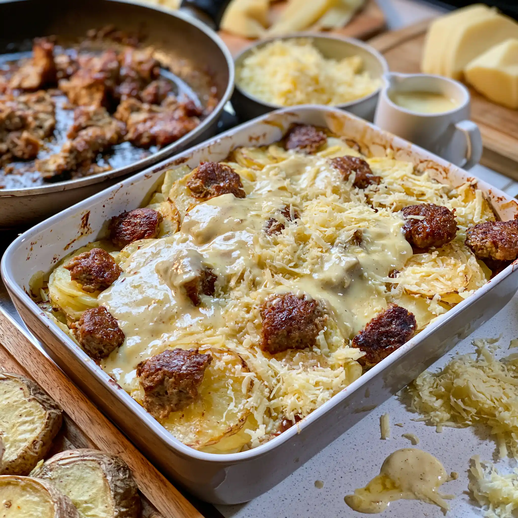 Vorbereitung von Kartoffeln Frikadellen und Porree für den Auflauf
