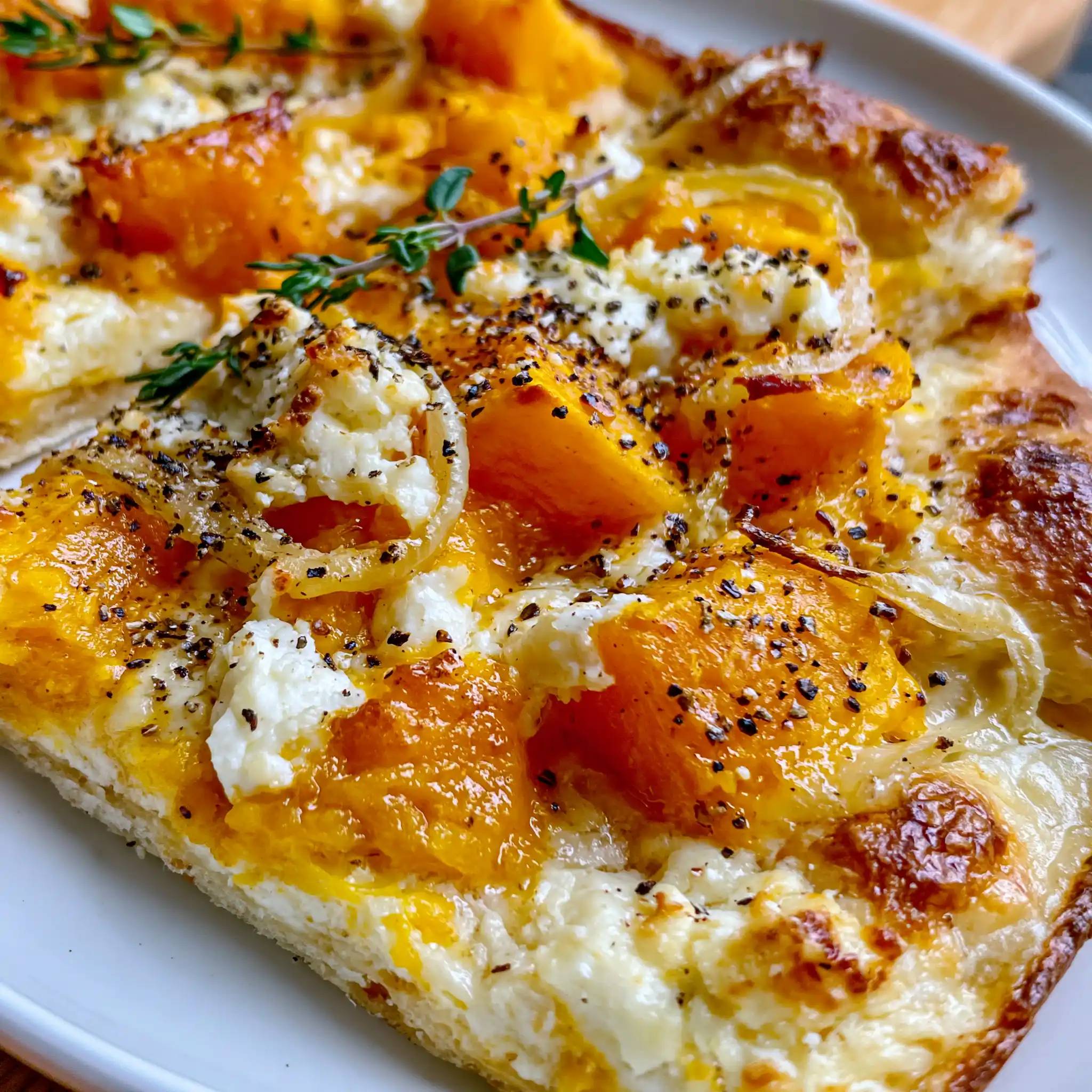 Nahaufnahme von knusprigem kürbis feta flammkuchen mit geröstetem Hokkaido und cremigem Feta