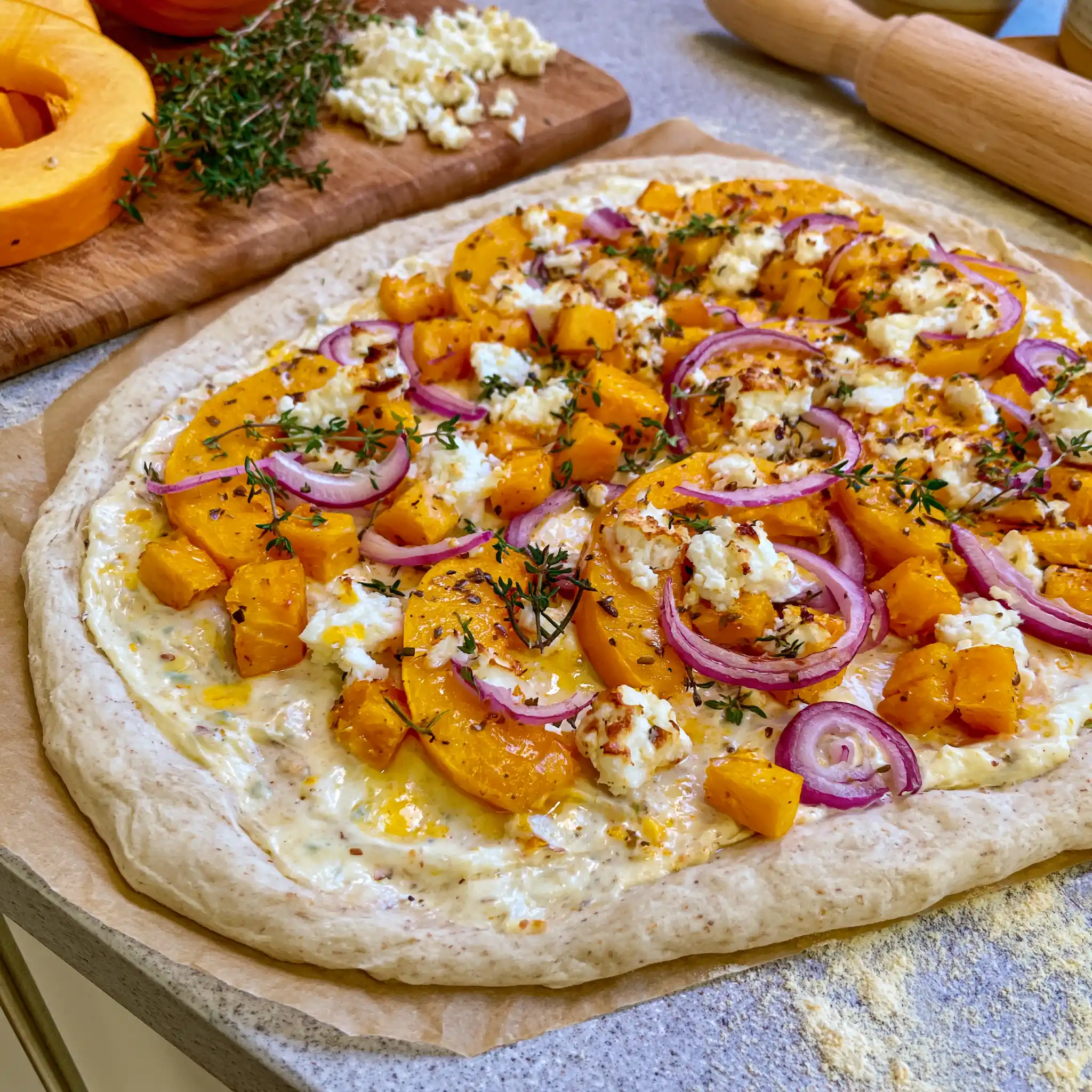Vorbereitung von Kürbis-Feta-Flammkuchen mit dünn geschnittenem Hokkaido auf bestrichenem Flammkuchenteig