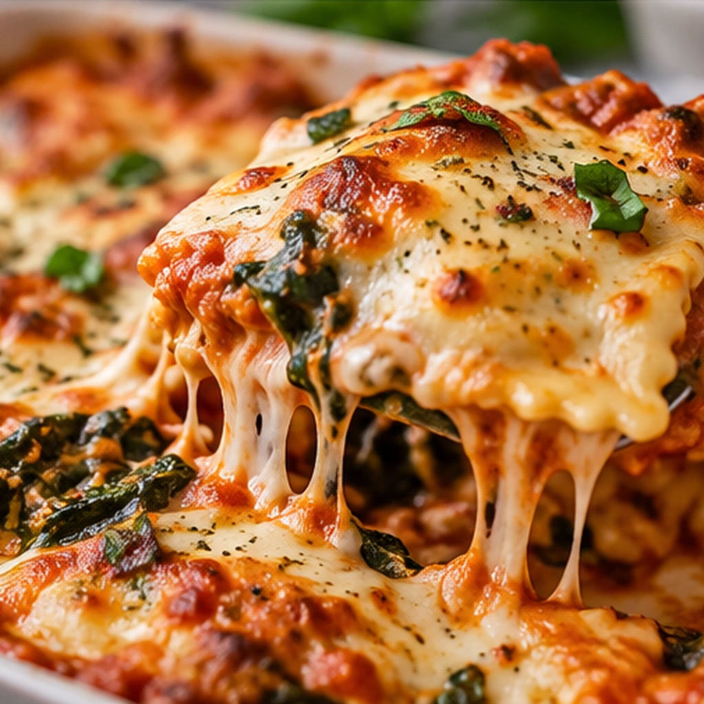 Nahaufnahme von Ravioli-Auflauf mit geschmolzenem Mozzarella, Spinat und Tomatensauce