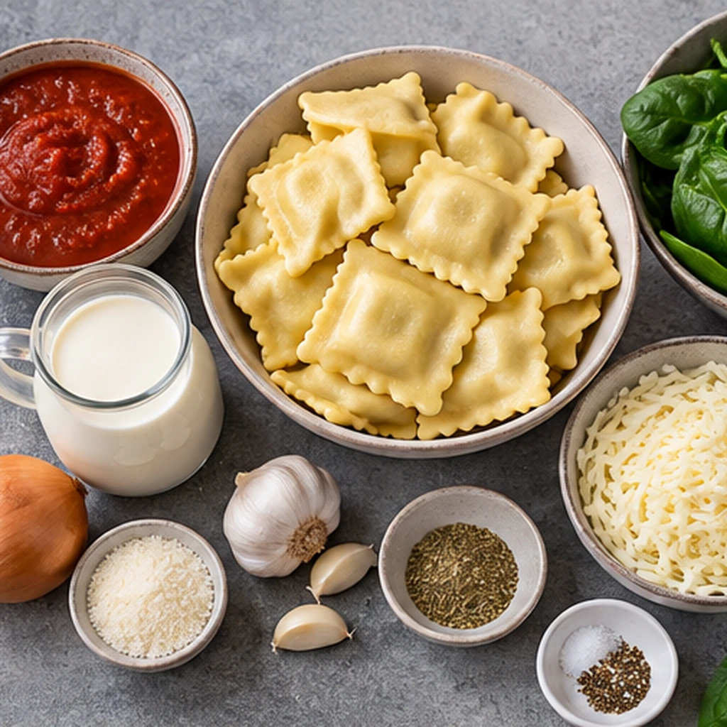 Zutaten für Ravioli-Auflauf: frische Ravioli, Spinat, Mozzarella, Tomatensauce und Gewürze