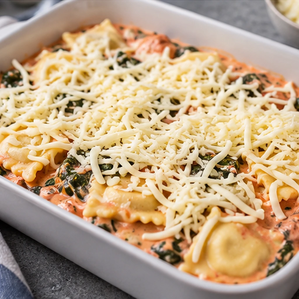 Vorbereitung des Ravioli-Auflaufs mit Tomaten-Spinat-Sauce und Mozzarella vor dem Backen